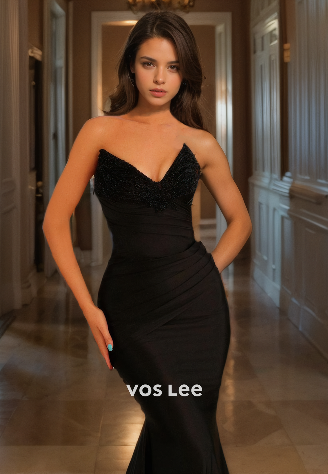 Sexy Mermaid Appliqued Satin Prom Gown Floor Length Strapless Quinceanera Dress