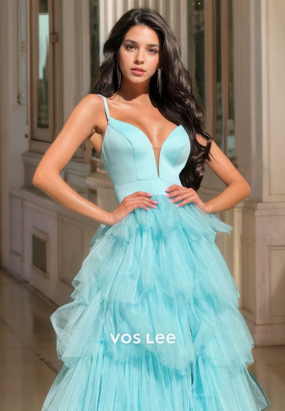 A-Line Deep V Neck Spaghetti Straps Backless Sweep Train Side Split Tulle Prom Party Dress