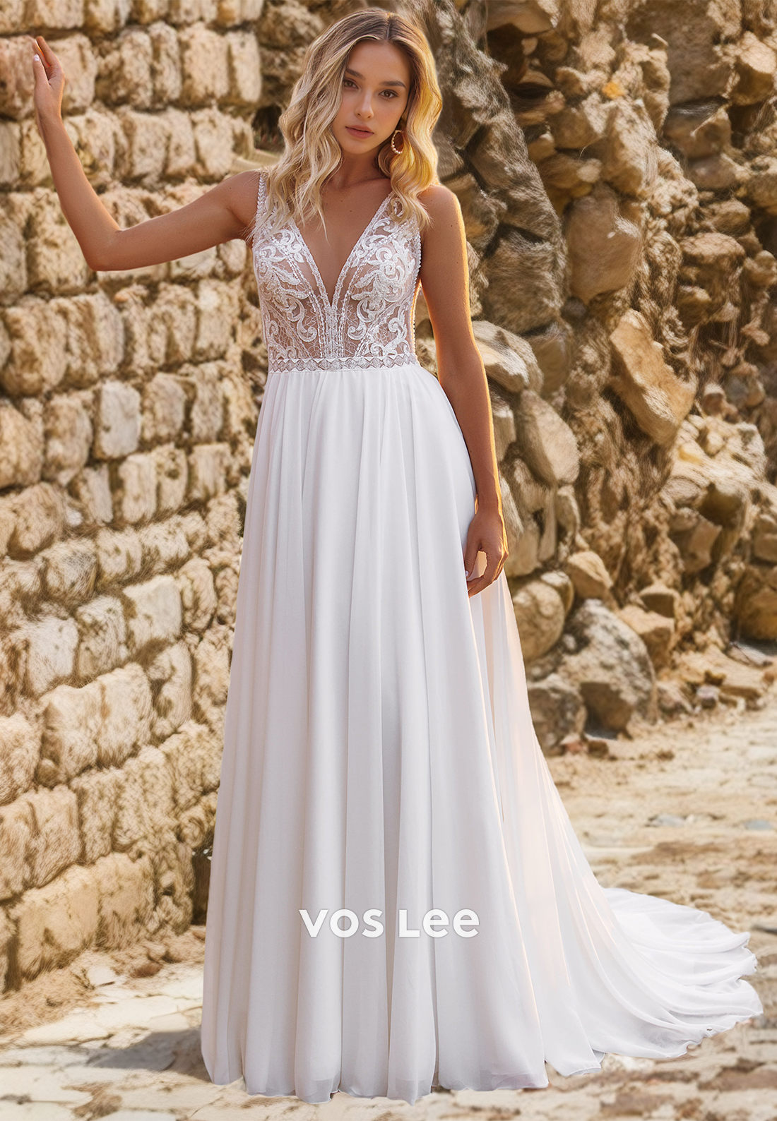 Elegant V-Neck Lace Wedding Dress Chiffon Floor Length Formal Wedding Gown