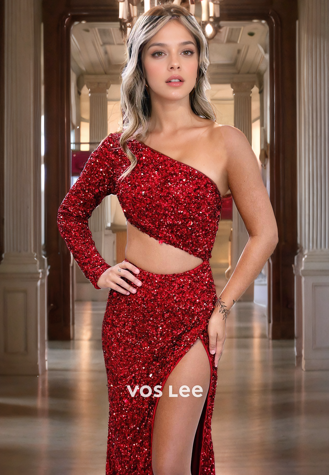 Sparkly Red One Shoulder Mermaid Long Dress Floor Length Sequined Pageant Dresses with Slit