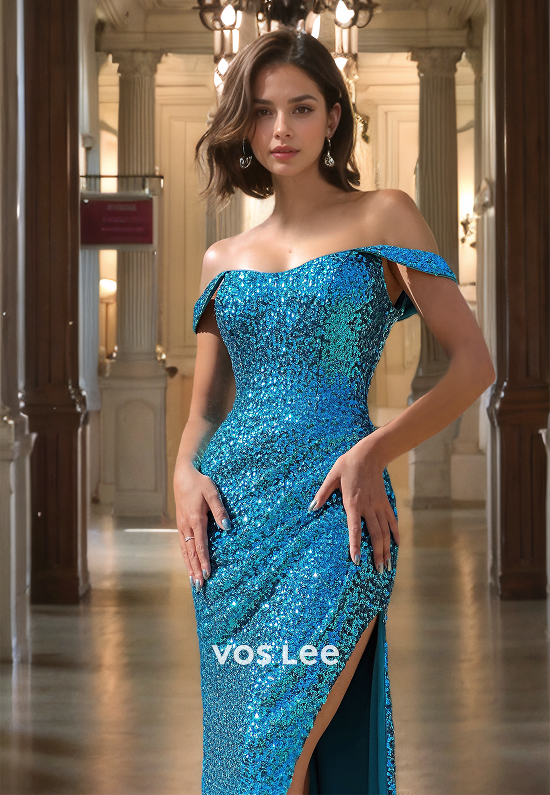 Sparkly Column Off Shoulder Sleeveless High Split Blue Sequins Sweep Train Prom Formal Dress