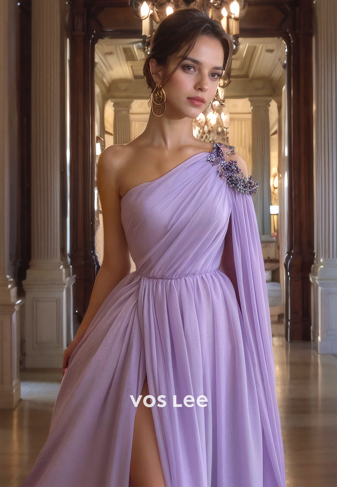 A-Line One Shoulder Pleated Purple Tulle Prom Dress