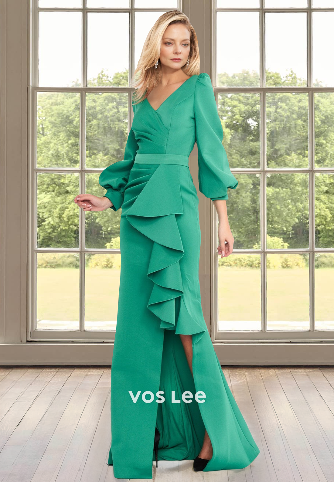 Modest A-Line V Neck Sweep Train Side Split Ruffled Satin Mother of th VOS LEE Modest A-Line V Neck Sweep Train Side Split Ruffled Satin Mother of th VOS LEE