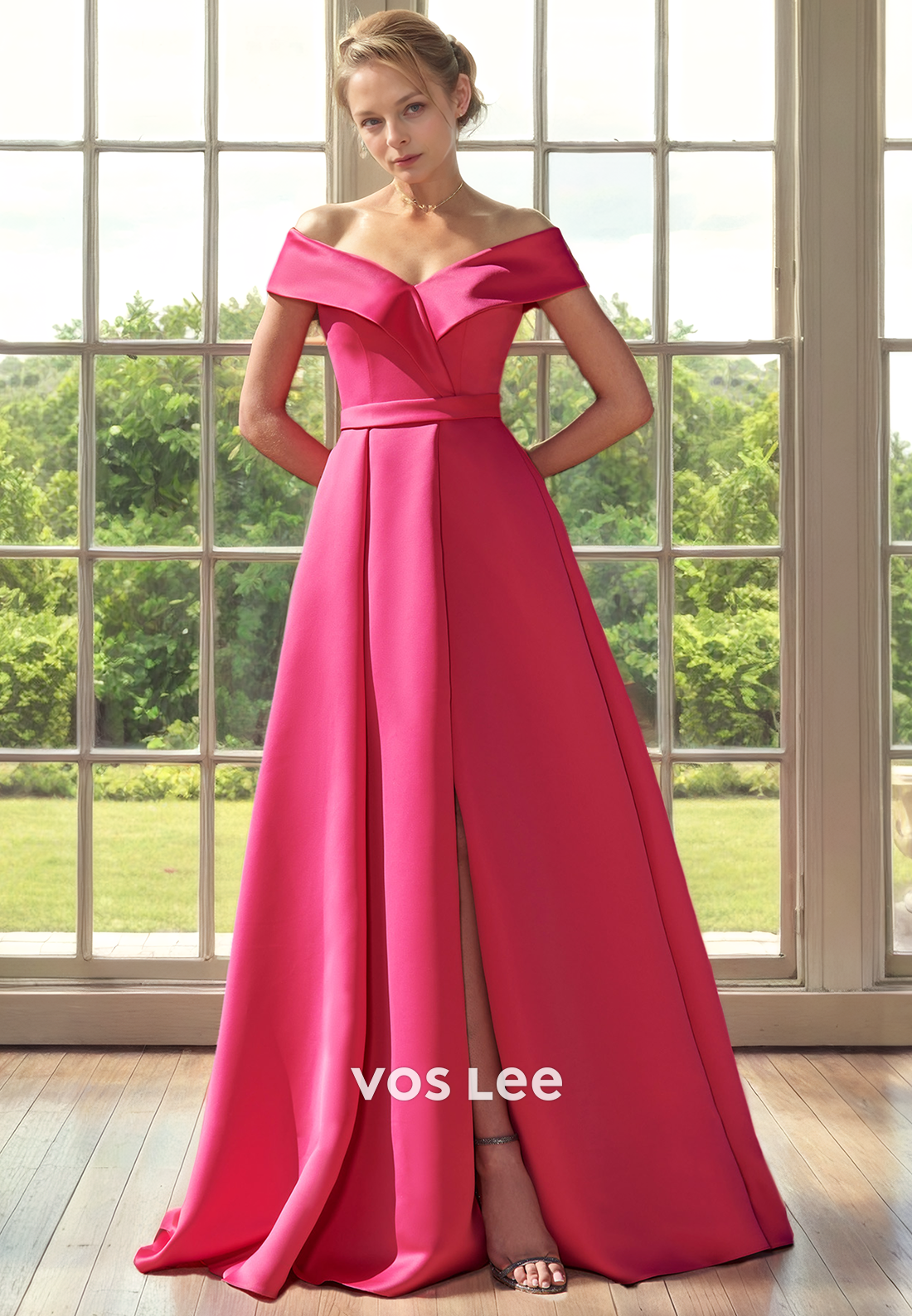 Ornate A-Line Off Shoulder Sleeveless Sweep Train Side Split Satin Mother of the Formal Dress