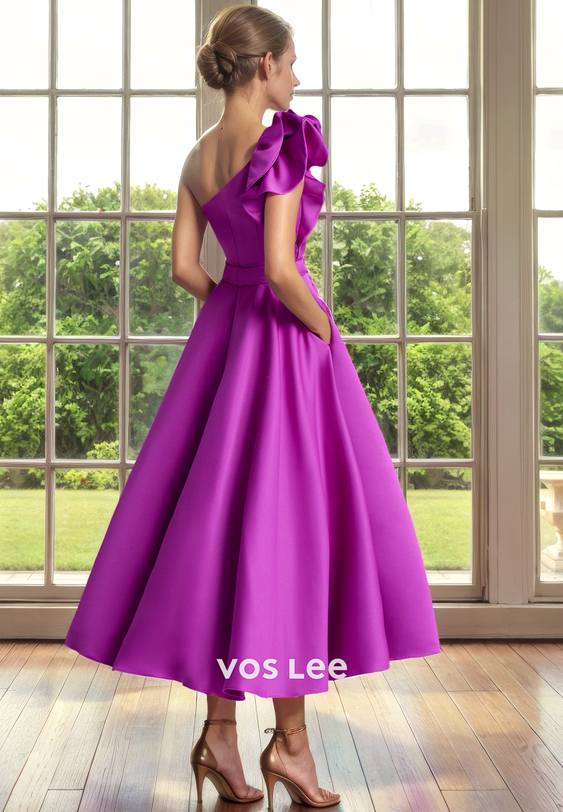 Elegant A-Line One Shoulder Back Zipper Long Satin Pleated Mother of the Bride Dress