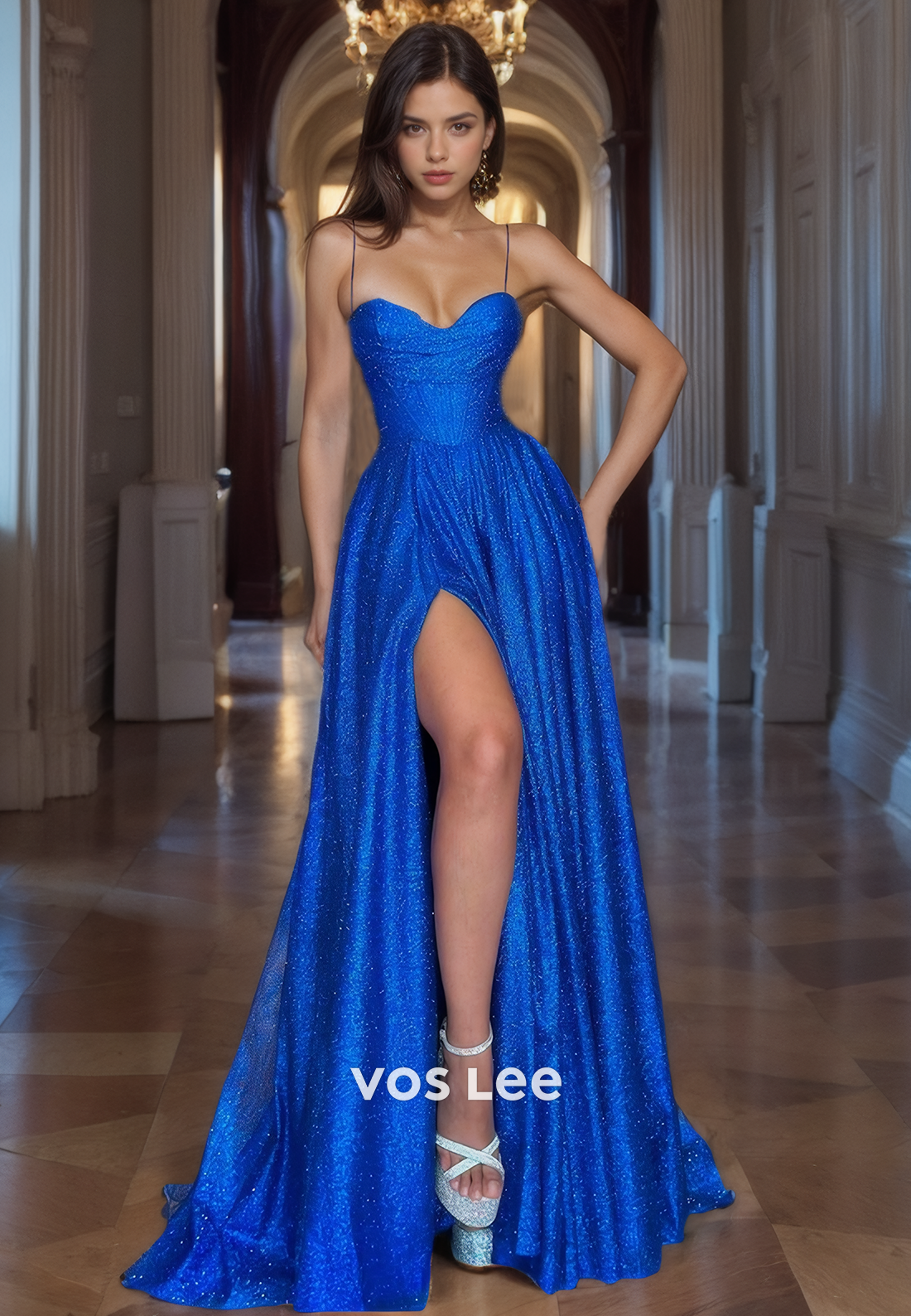 Fuchsia A-Line Sequined Corset Back Prom Dress with High Slit Sweetheart Glitter Elegant Formal Evening Dresses