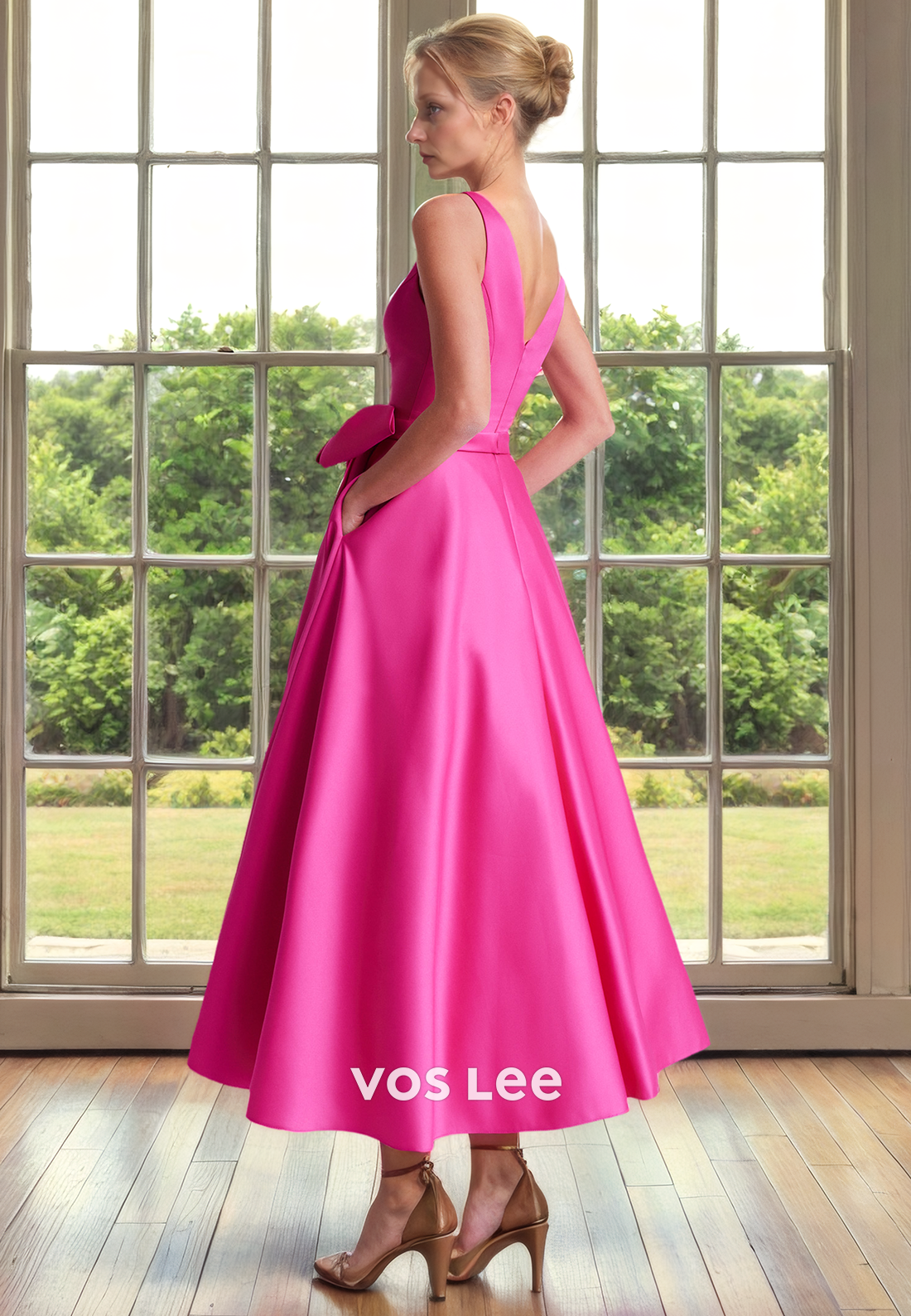 Modest A-Line V Neck Sleeveless Fuchsia Bow Pleated Tea Length Mother of the Bride Dress