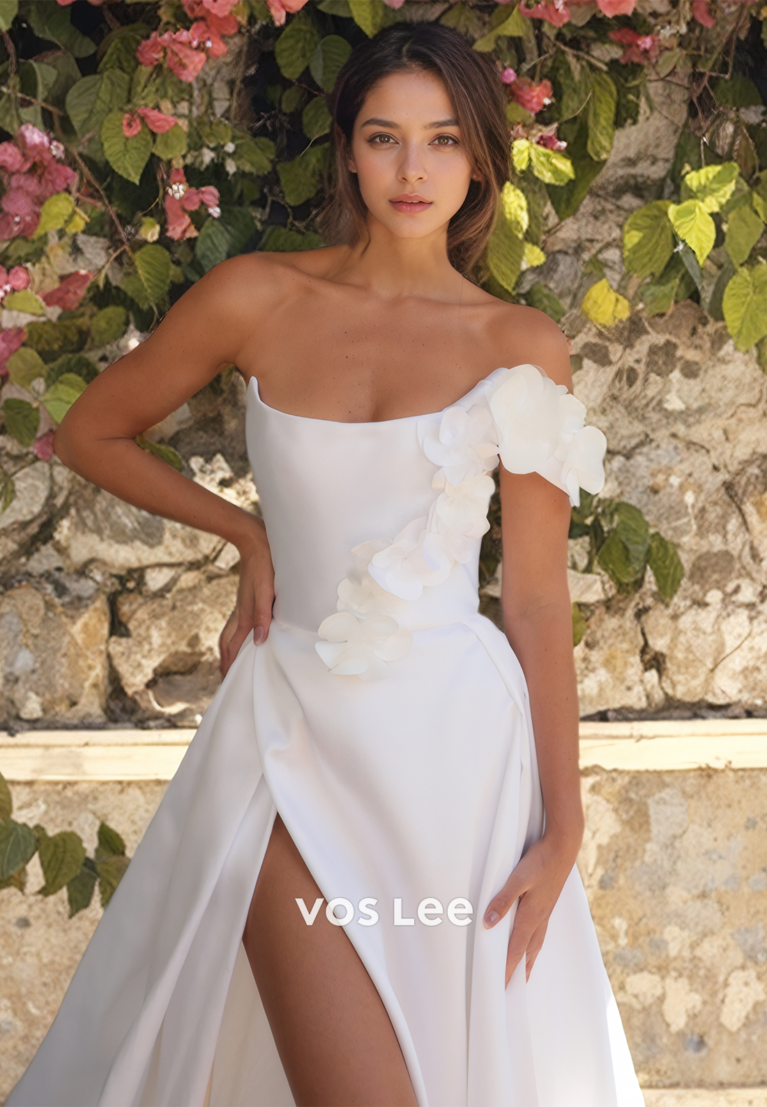 A-Line Strapless Satin 3D Flowers Wedding Dress Floor Length High Slit Formal Wedding Gown