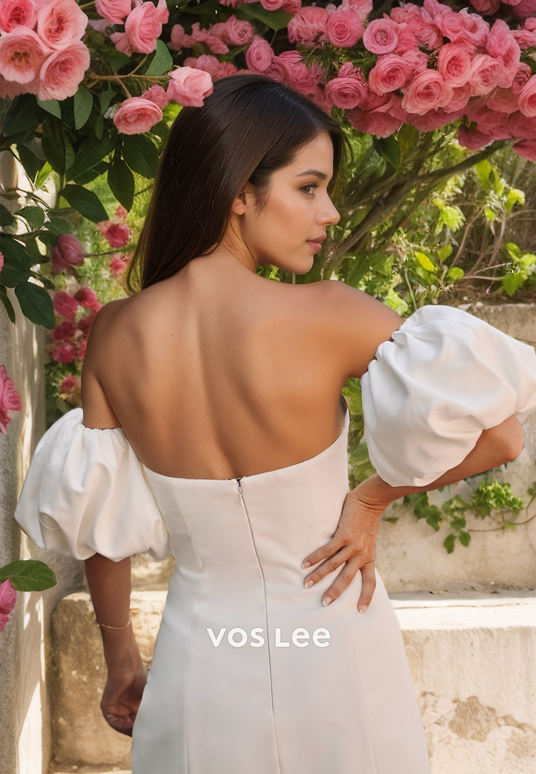 Simple Off-Shoulder Zipper Back Mini Wedding Dress With Detached Train