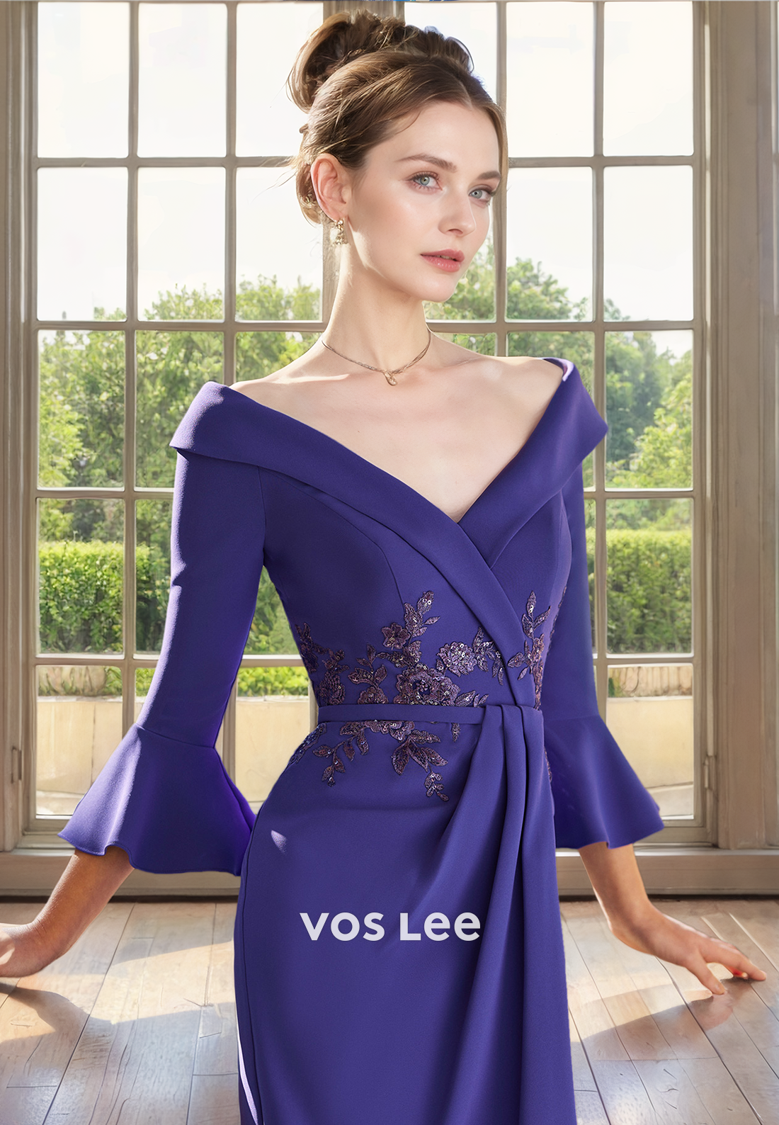 Purple Appliqued V Neck Tea Length Purple Formal Mother of the Bride Dresses with Long Sleeves