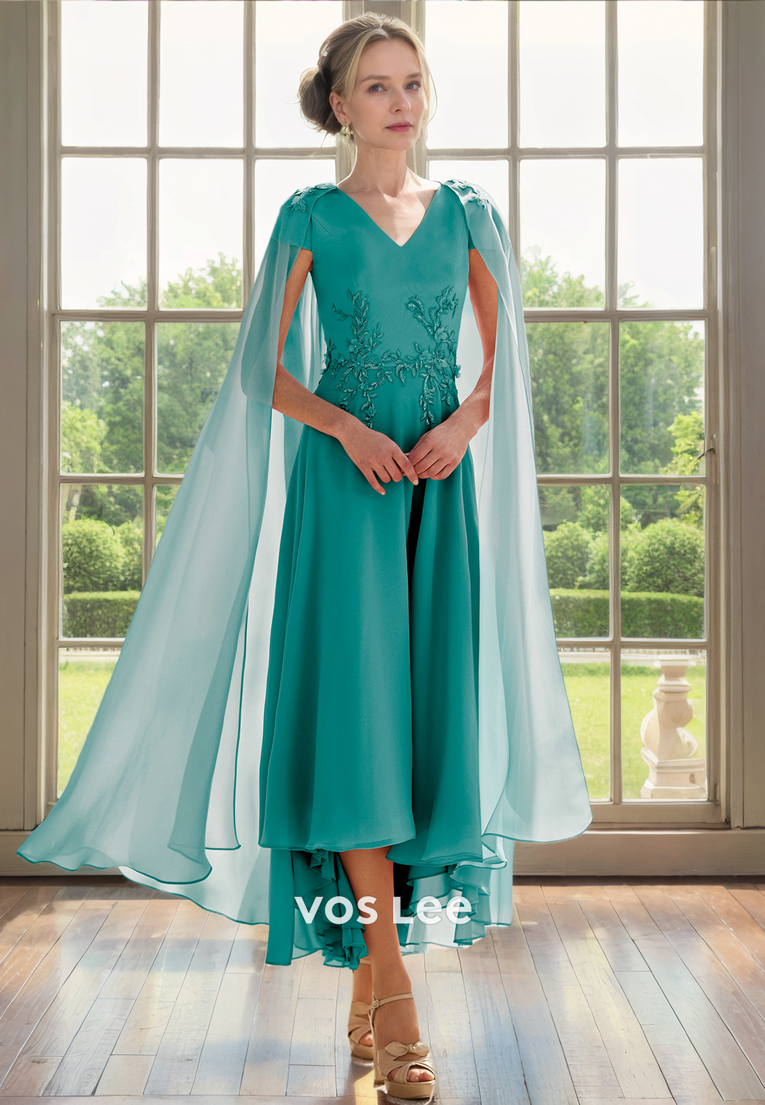 Modest Tea Length VNeck Mother of the Bride Dress Chiffon Cap Sleeves Party Dresses