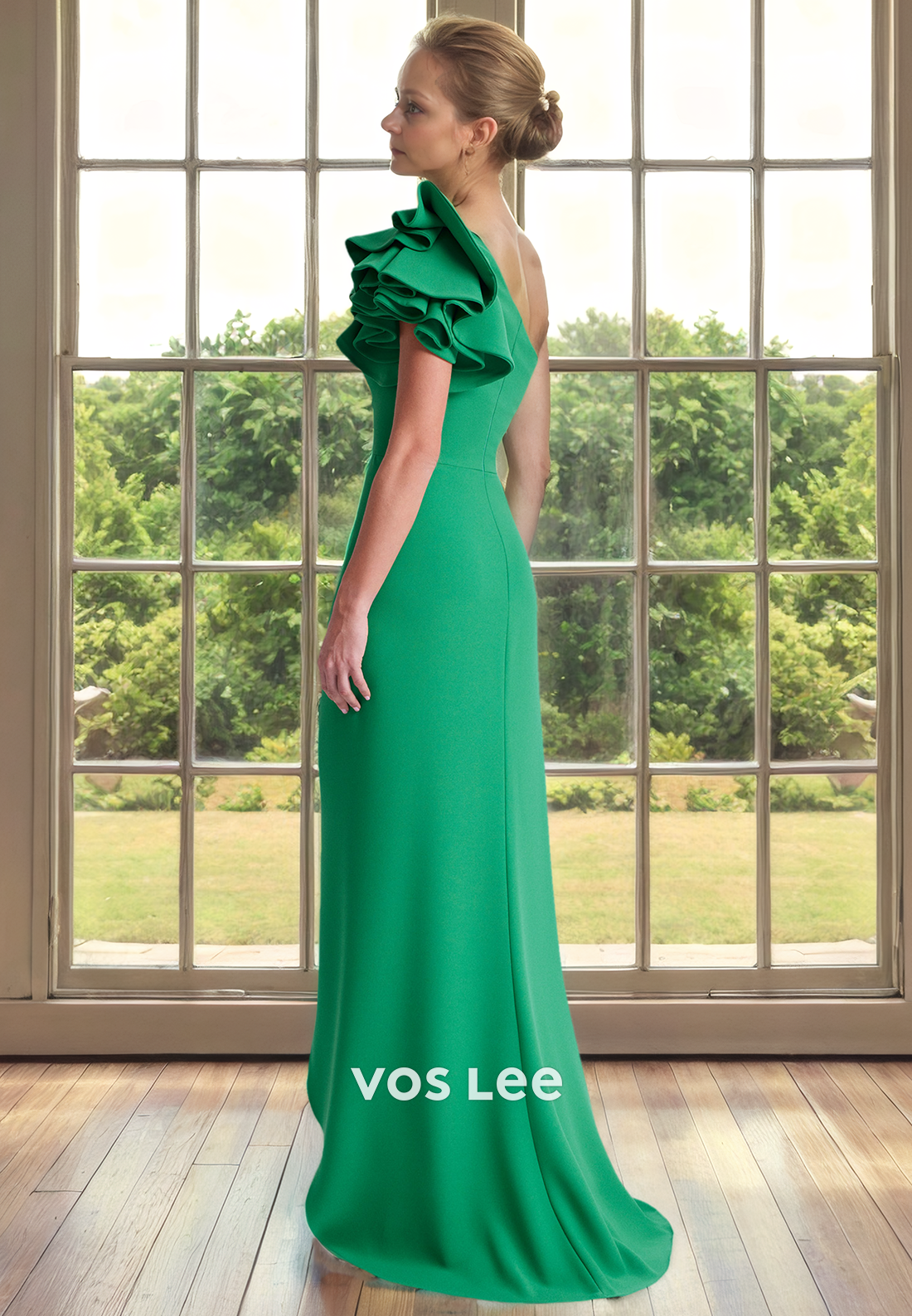 Modest Sheath One Shoulder Sleeveless High Split Ruffled Satin Mother of the Bride Dress