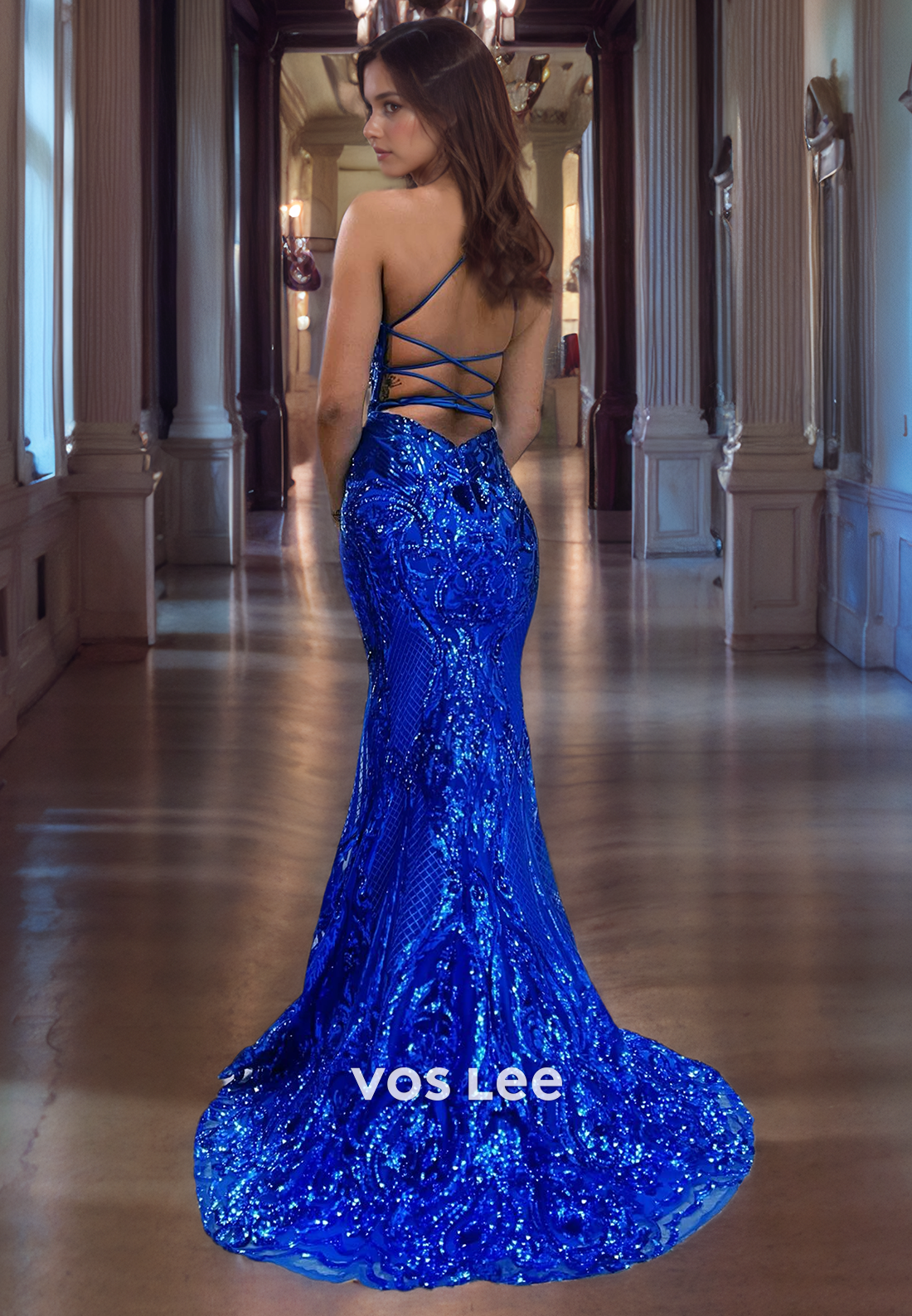 Sparkly Royal Blue Sequins V-Neck Quinceanera Dress Lace Up Mermaid Spaghetti Straps Prom Dress