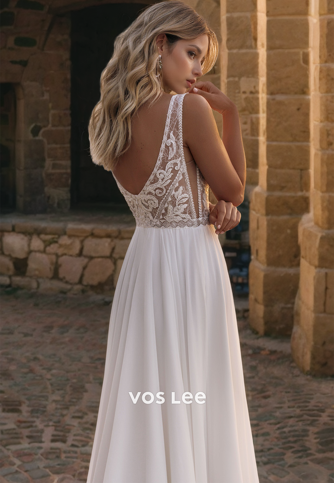 Elegant V-Neck Lace Wedding Dress Chiffon Floor Length Formal Wedding Gown