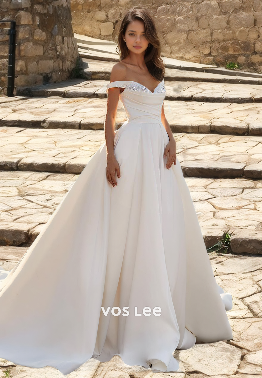 A-Line Elegant Lace-up Off-Shoulder Sequins Wedding Gown