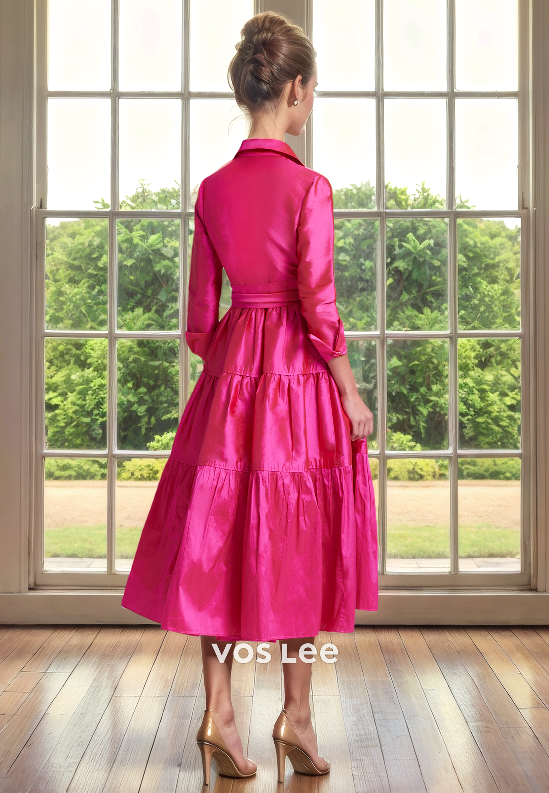 Modest A-Line V Neck Long Sleeves Belt Bow Tea Length Mother of the Bride Dress