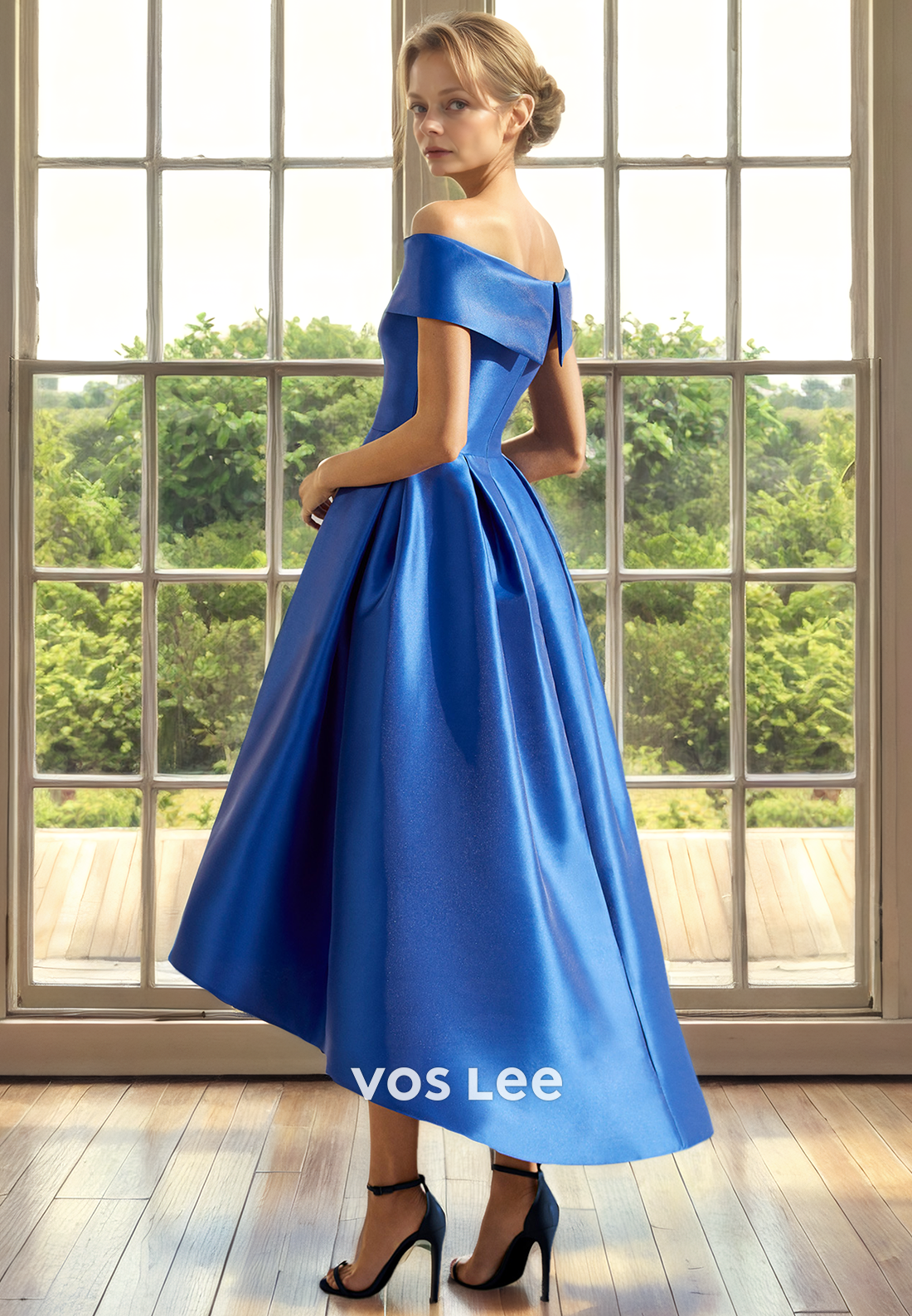 A-Line Off Shoulder Royal Blue Back Zipper Tea Length Satin Mother of the Wedding Guest Dress