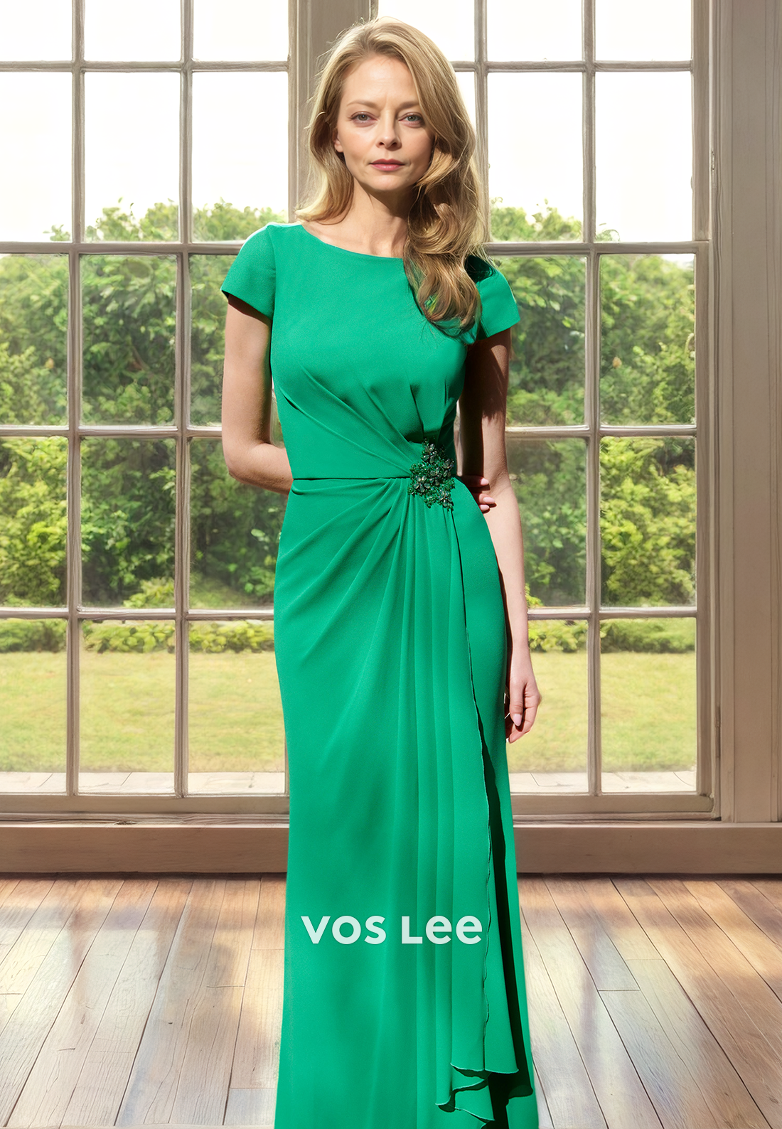 Charming Sheath Cap Sleeves Bateau Beaded Ruched Satin Mother of the Bride Dress