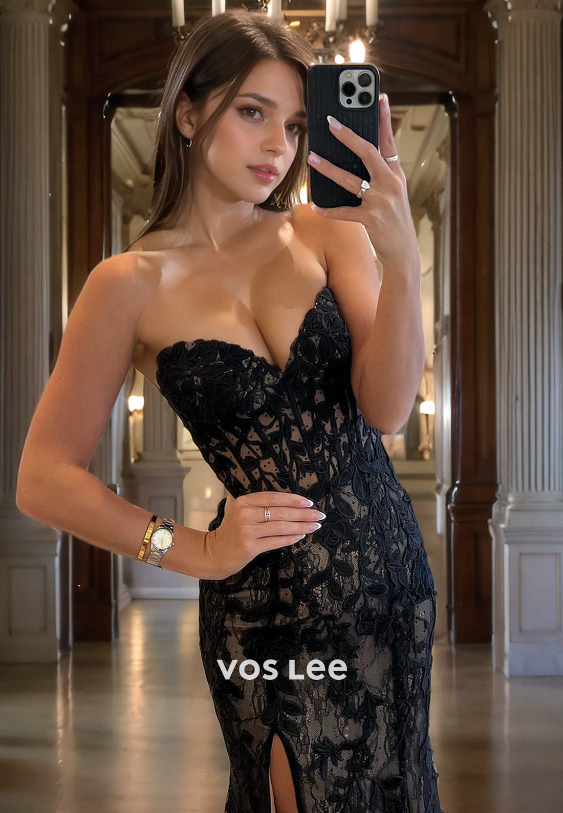Sexy Black Lace Sweetheart Mermaid Evening Prom Gown Strapless Floor Length Long Prom Dress