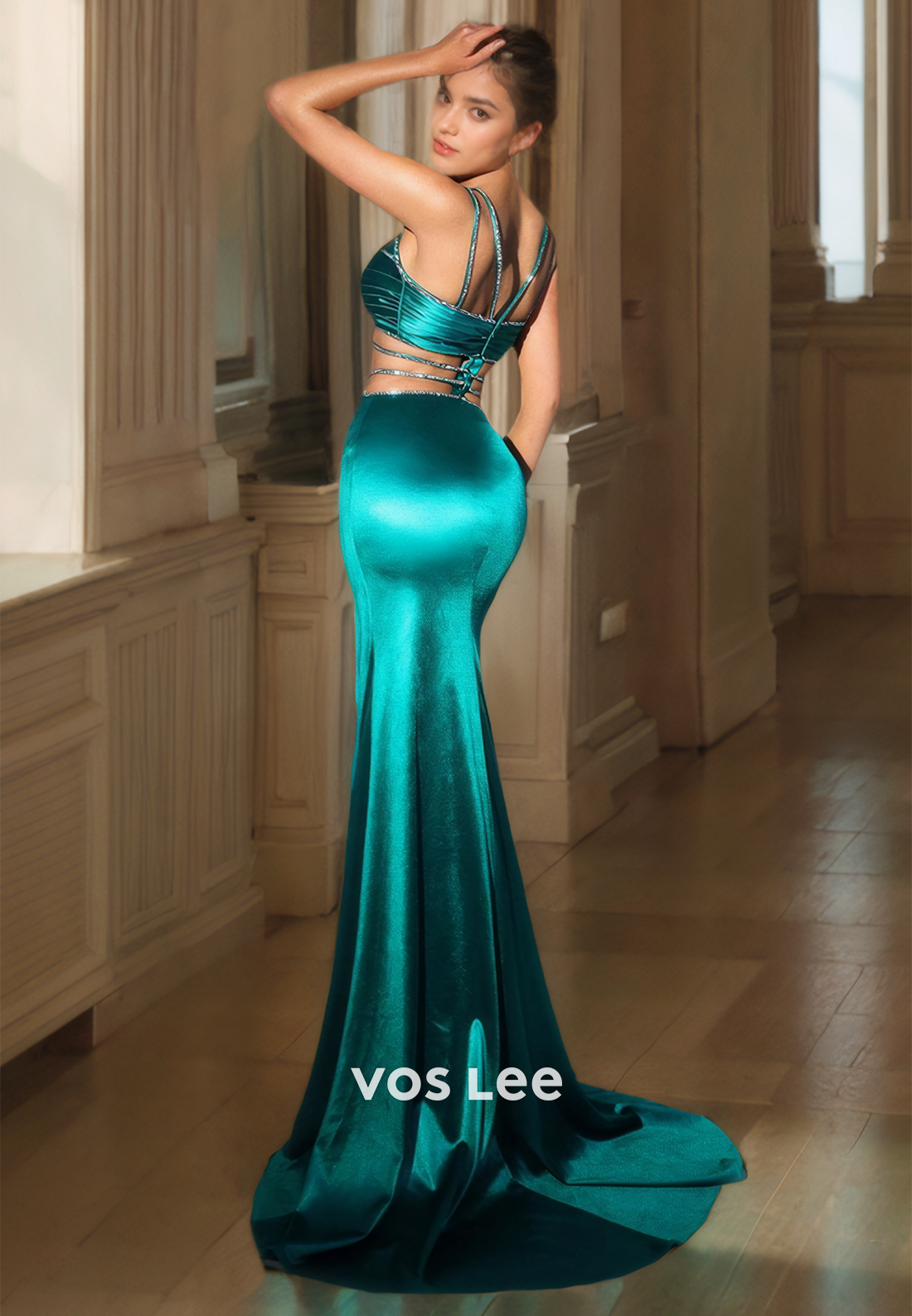 Sexy V Neck Column Spaghetti Straps Sleeveless Lace Up Pleated Sparkly Prom Party Dress with Split