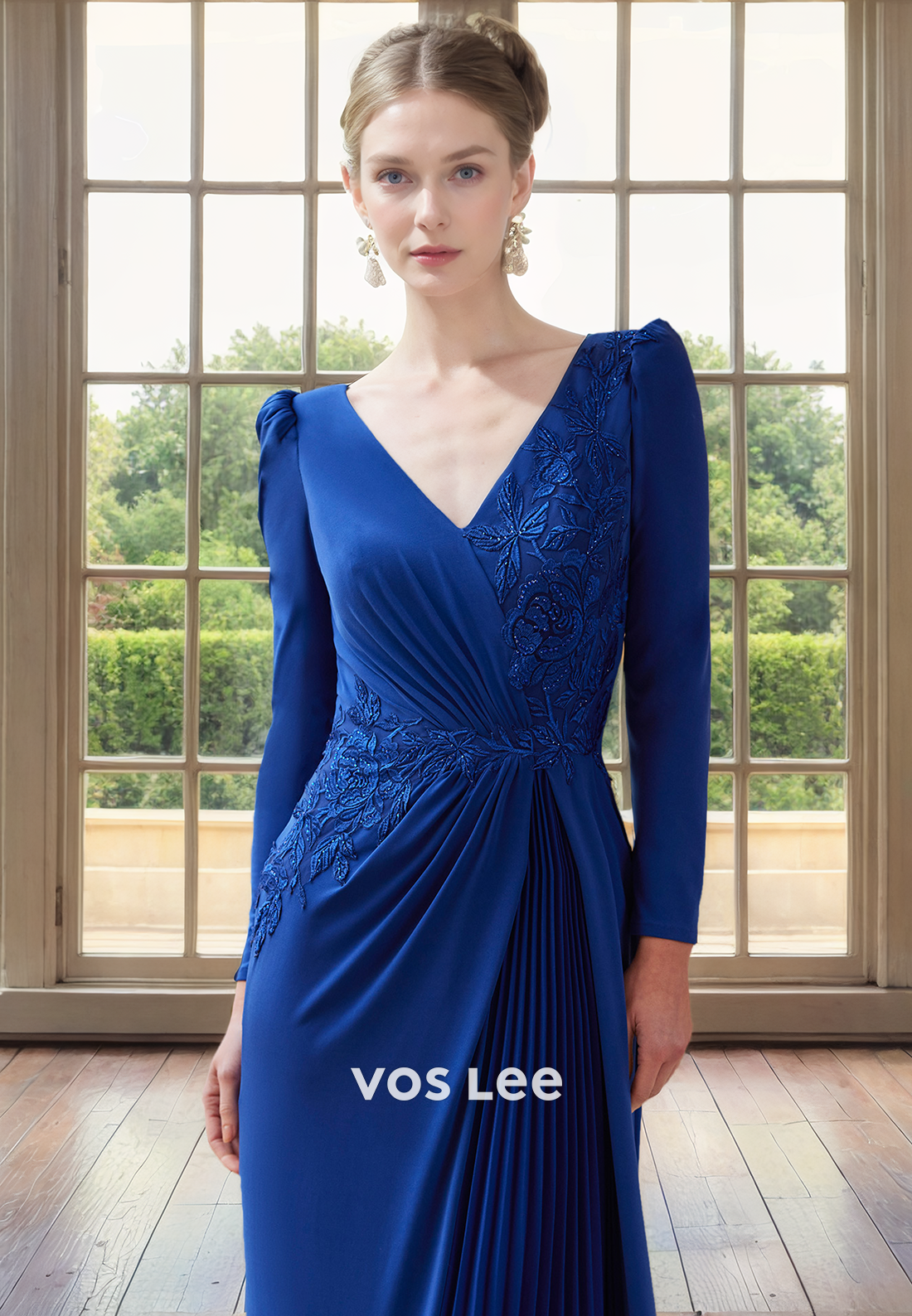 Sheath/Column Pleated V Neck Long Sleeves Formal Mother of the Bride Dress with Appliques