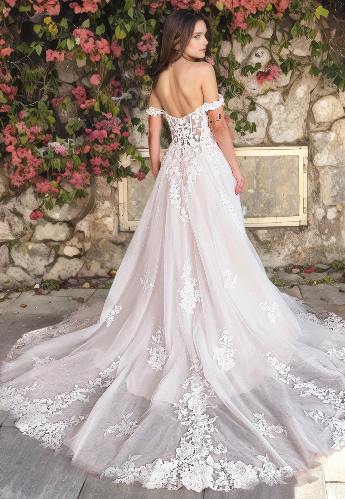 Applique Tulle Lace A-Line Slit Boho Off Shoulder Beach Wedding Dress