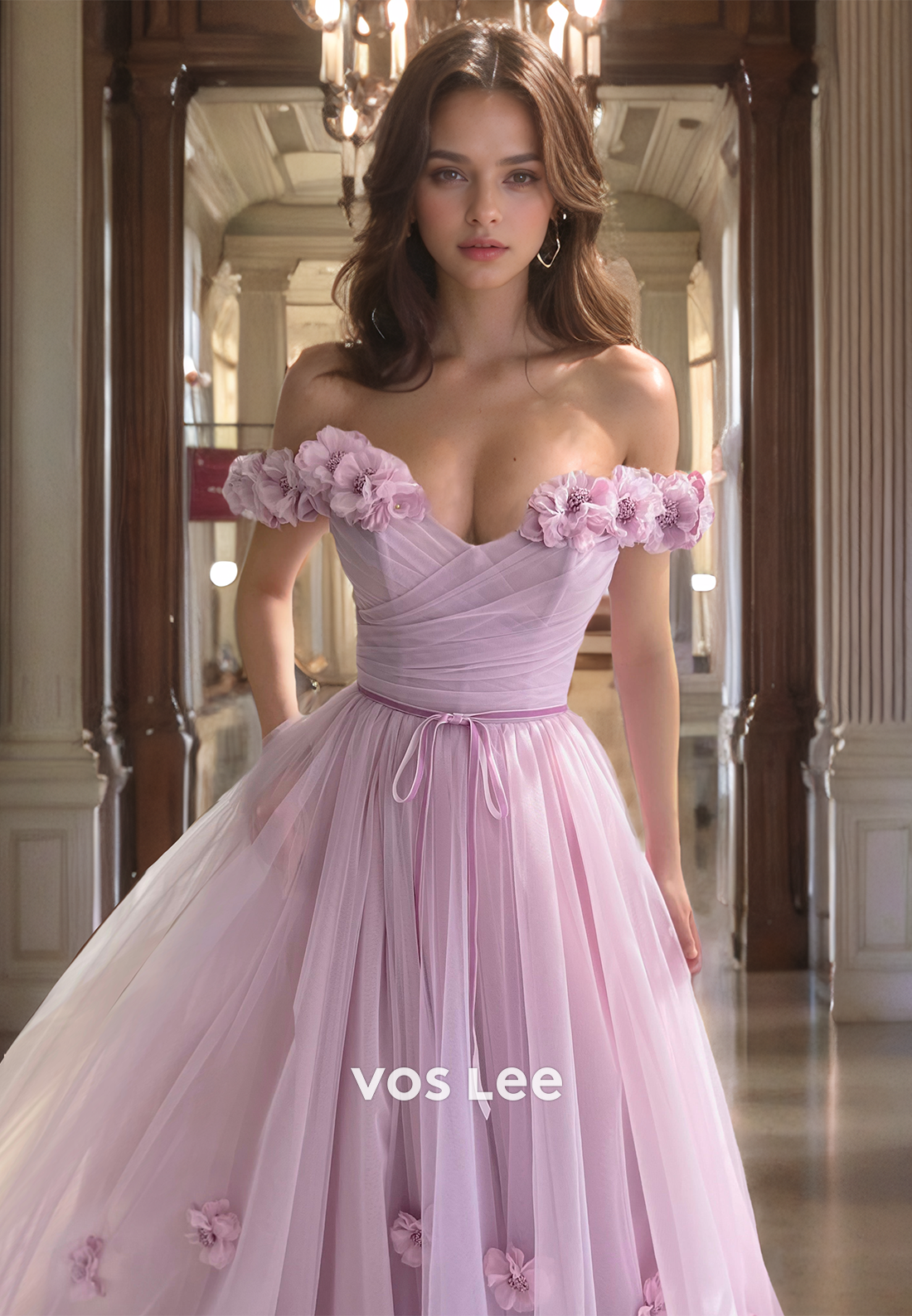 A-Line Off Shoulder Sweep Train Pink Tulle Prom Dress with Appliques