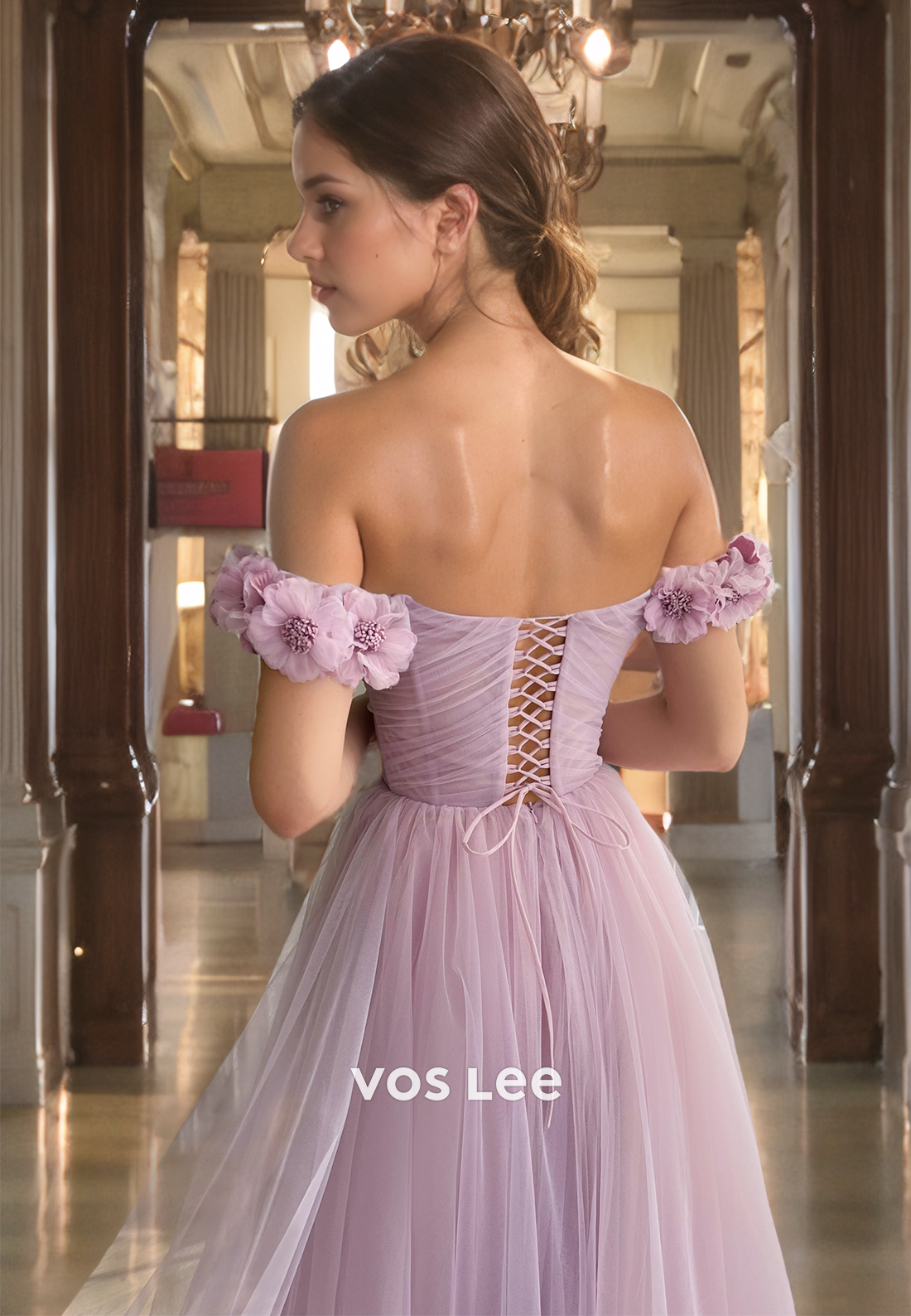 A-Line Off Shoulder Sweep Train Pink Tulle Prom Dress with Appliques