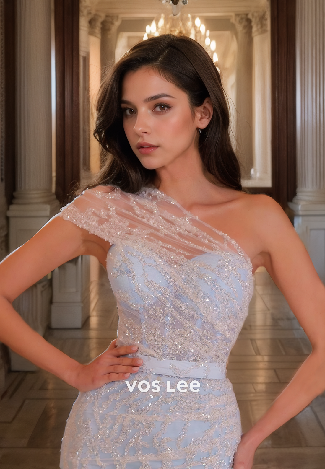 Elegant Sweetheart Saprkly Sequined Prom Dress Light Blue Long Train Quinceanera Dresses with Slit