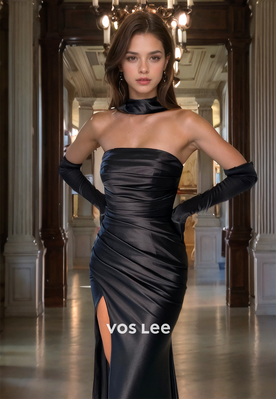 Trumpt/Mermaid Halter Black Satin Prom Dress with High Slit