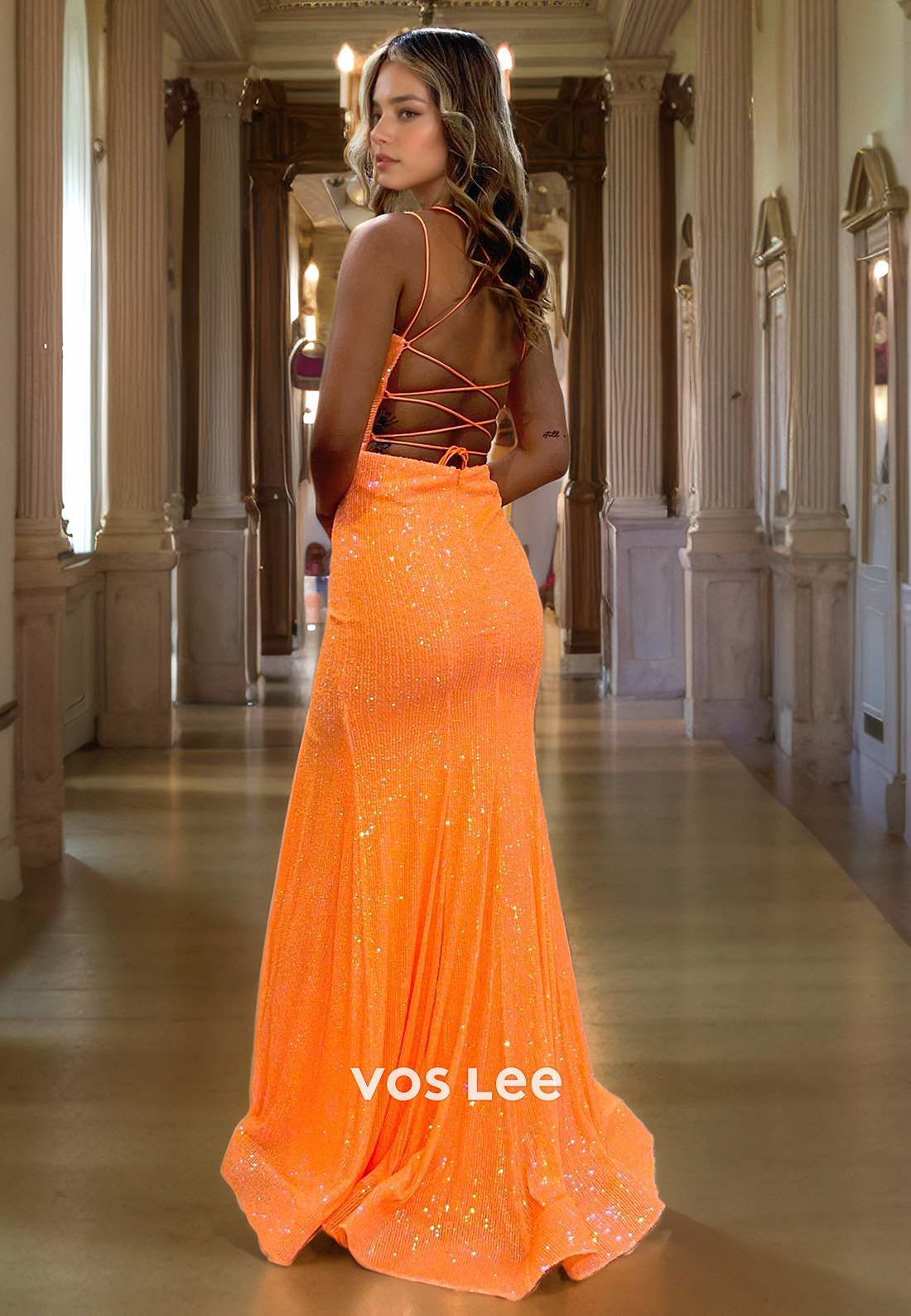 Sparkly V Neck Orange Spaghetti Straps Long Cocktail Dress Sequined Lace Up Side Slit Prom Dress