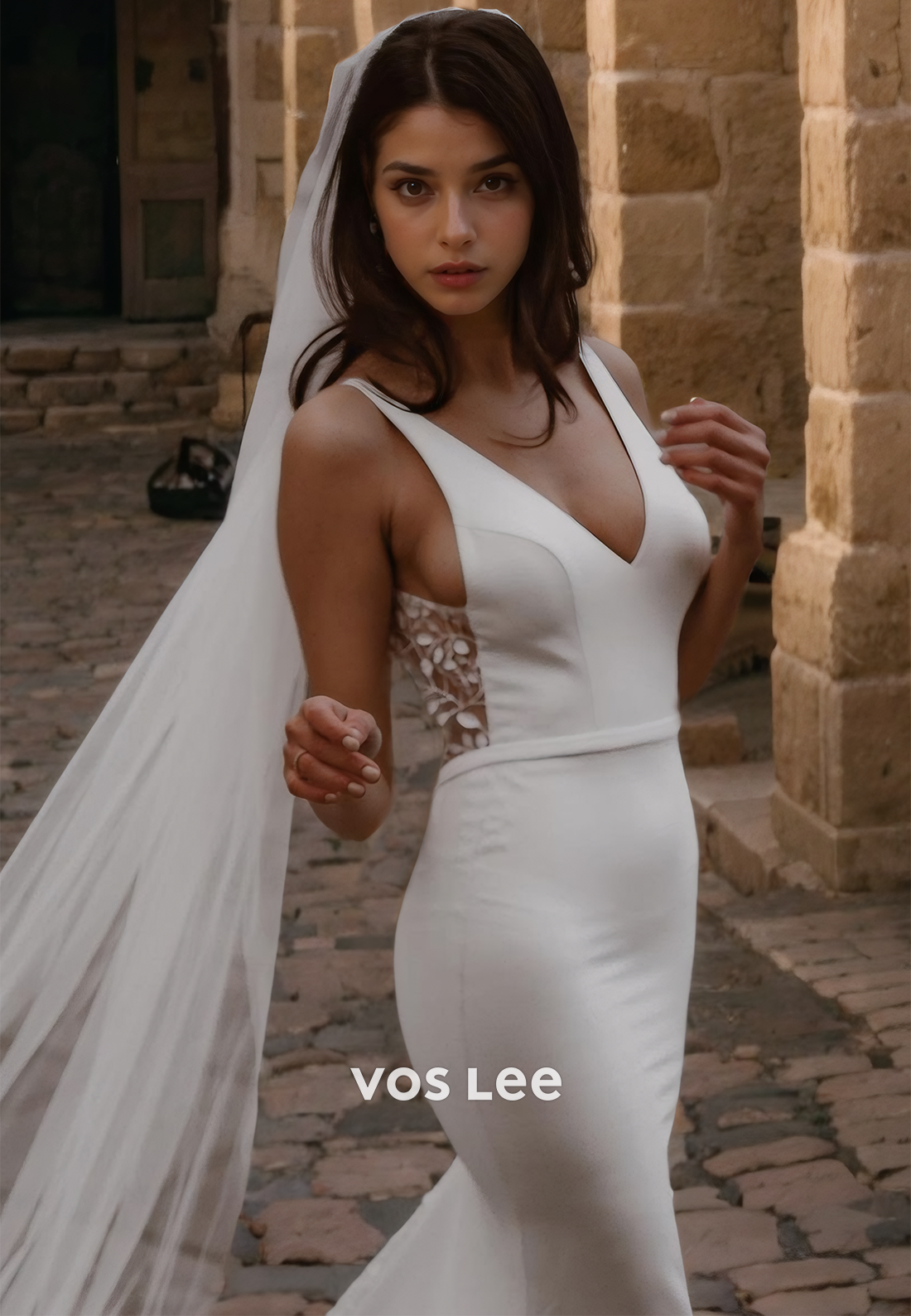 Royal V-neck Lace Mermaid Wedding Dress Backless Straps Floor Length Bridal Dresses