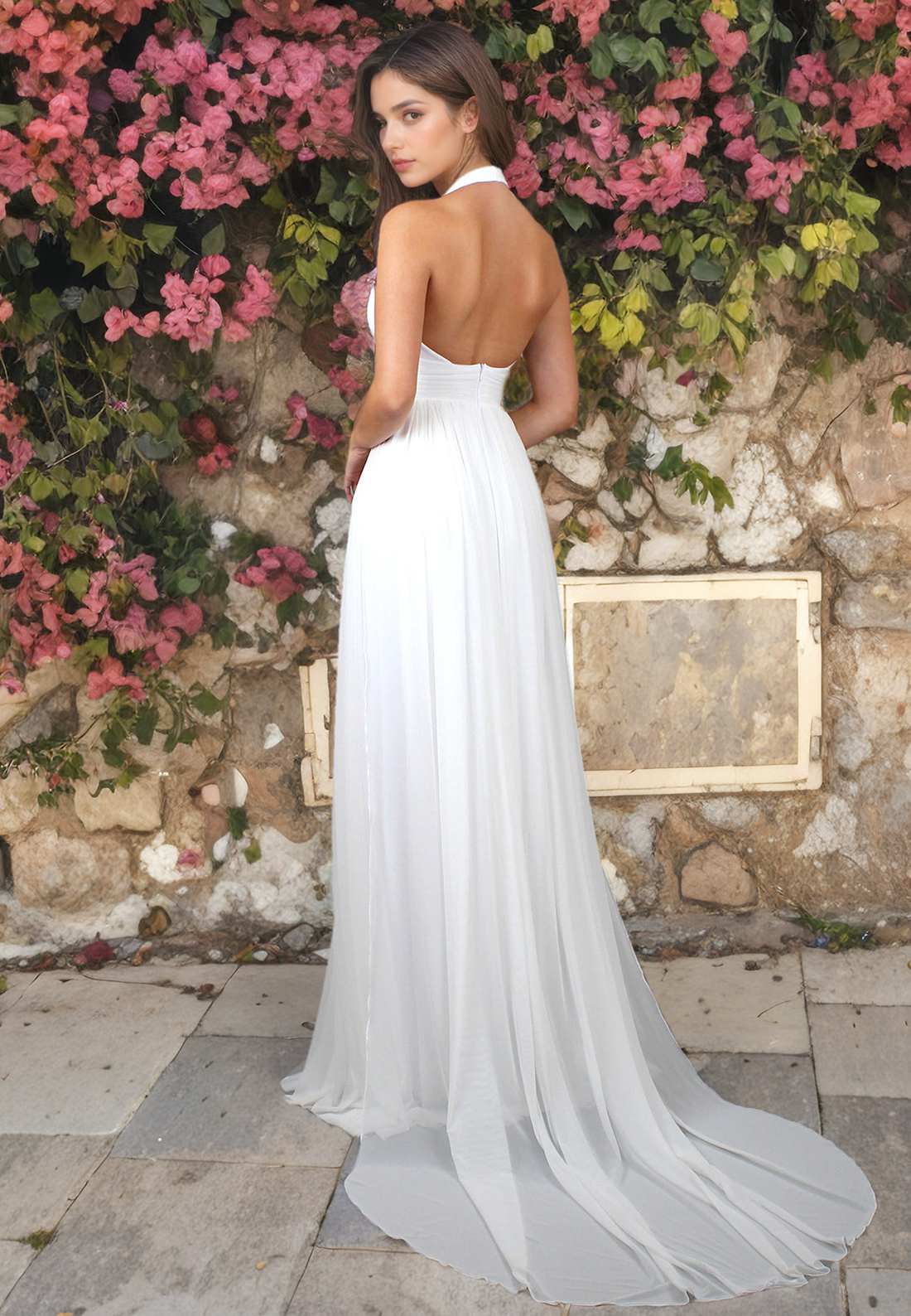 A-Line V-Neck Pleated Orangza Halter Chapel Train Wedding Dress with Slit