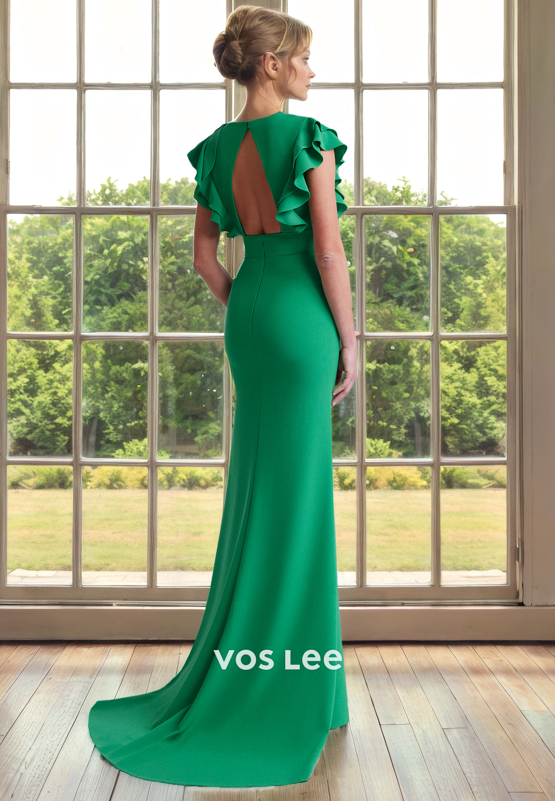 Column Plunging V Neck Cap Sleeves Backless Sweep Train Mother of the Bride Dress