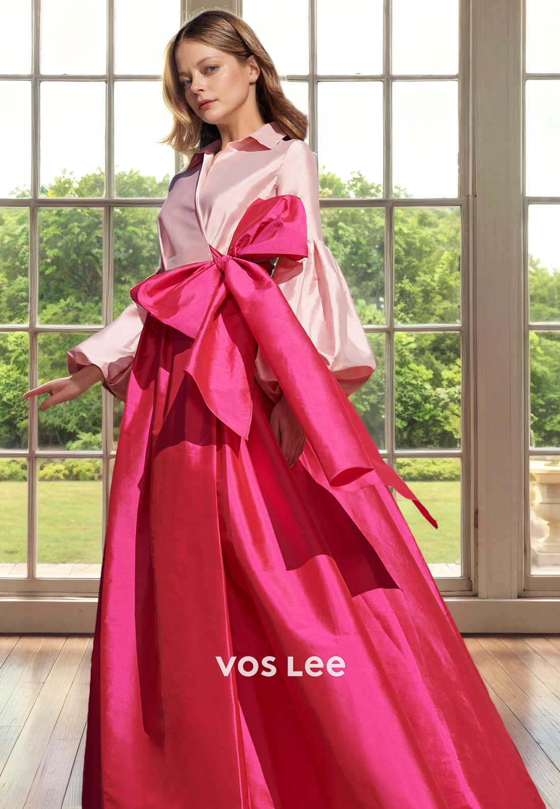 A-Line Long Sleeves Buttons Sweep Train Bow Pleated Satin Mother of the Evening Dress