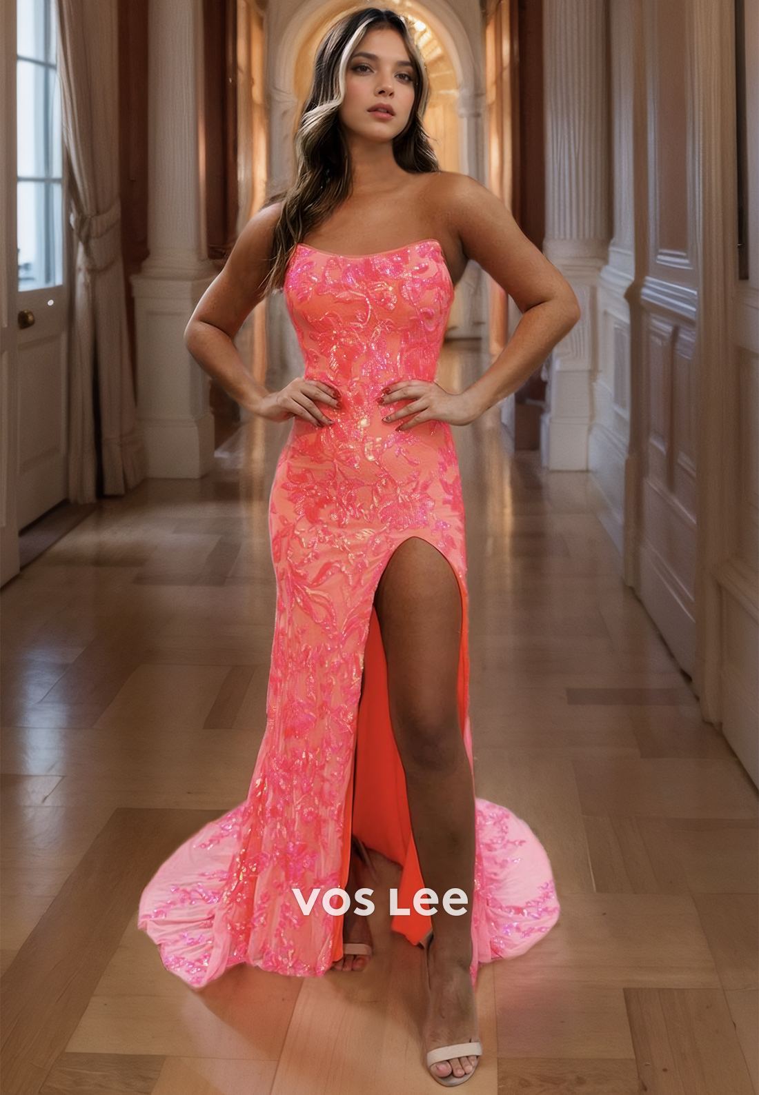 New Arrival Watermelon Sparkly Evening Prom Dress Strapless Floor Leng VOS LEE New Arrival Watermelon Sparkly Evening Prom Dress Strapless Floor Leng VOS LEE