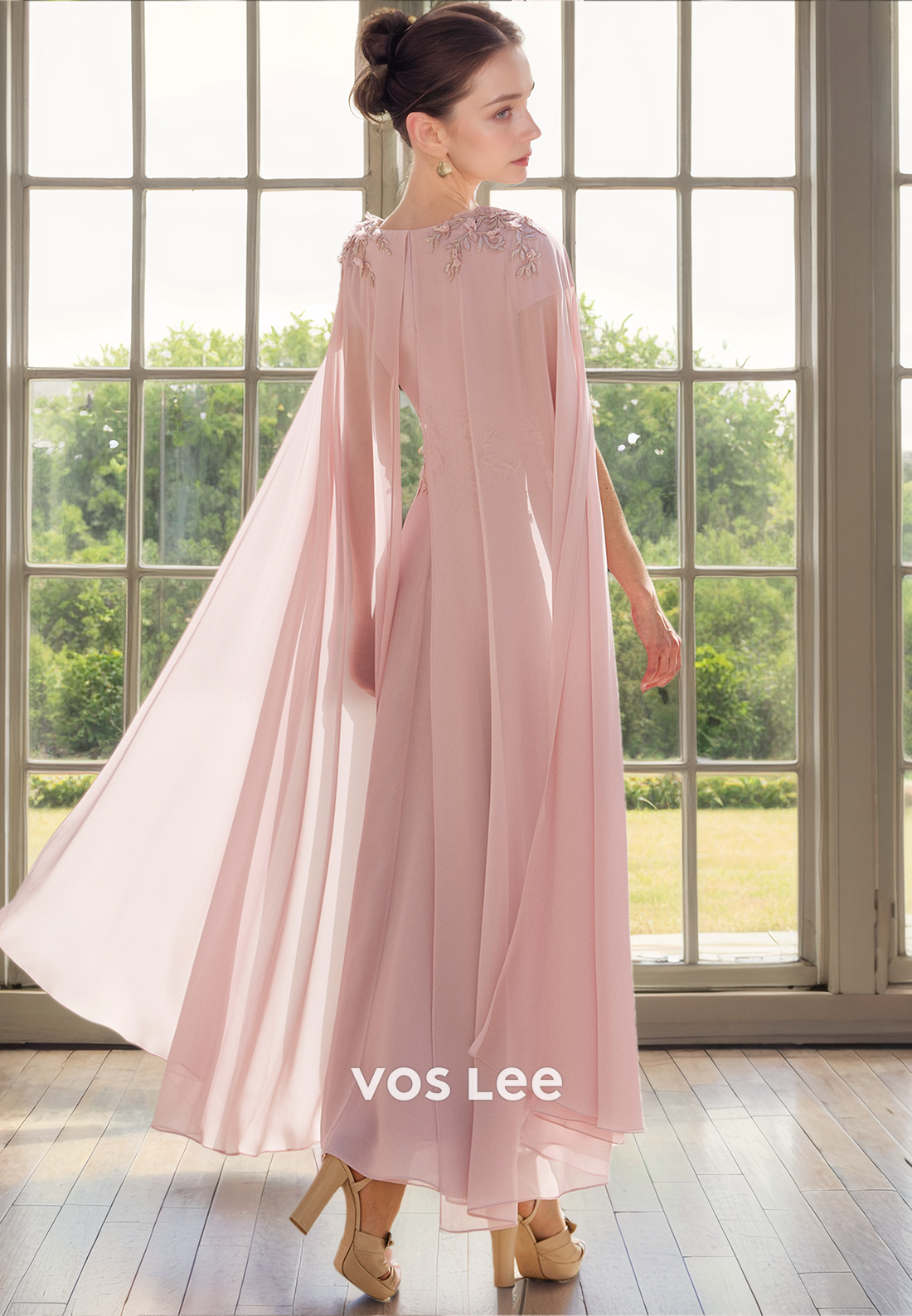 Modest Tea Length VNeck Mother of the Bride Dress Chiffon Cap Sleeves Party Dresses
