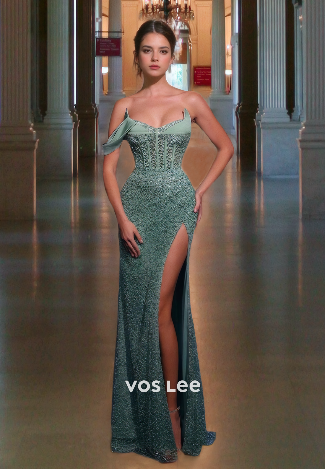 Baby Pink Mermaid Luxury Prom Dress with High Slit Off-Shoulder Formal Pageant Gowns