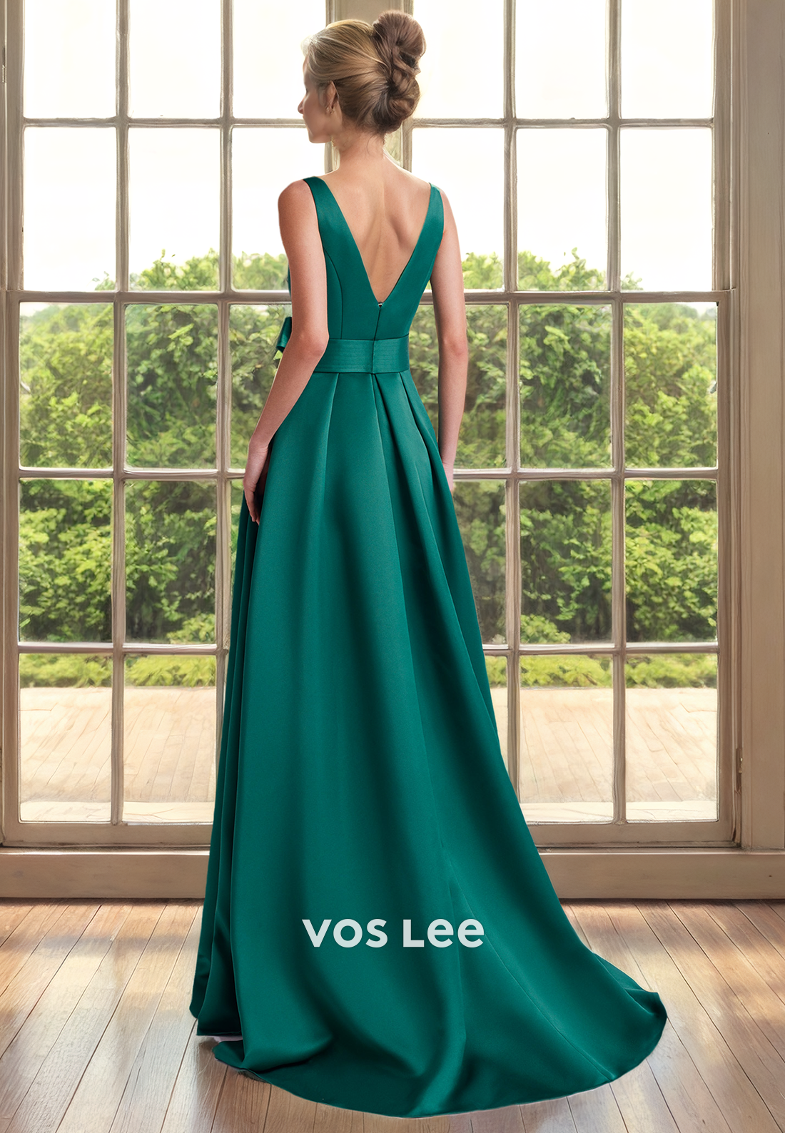 Simple A-Line Dark Green Scoop Neck Sleeveless Belt High Split Satin Mother of the Evening Dress