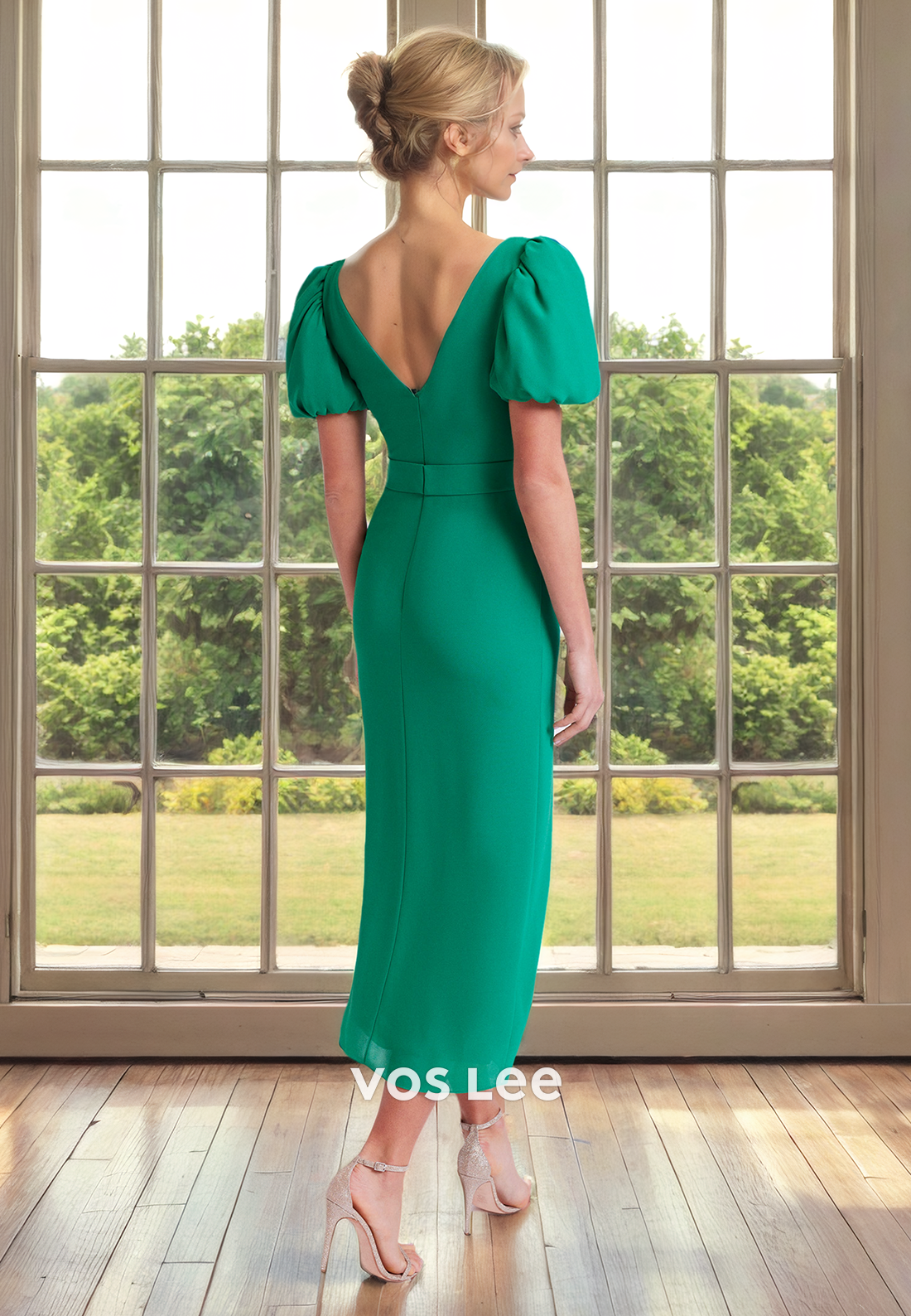 Simple Bateau Short Sleeves Column Satin Mother of the Bride Dress with Split