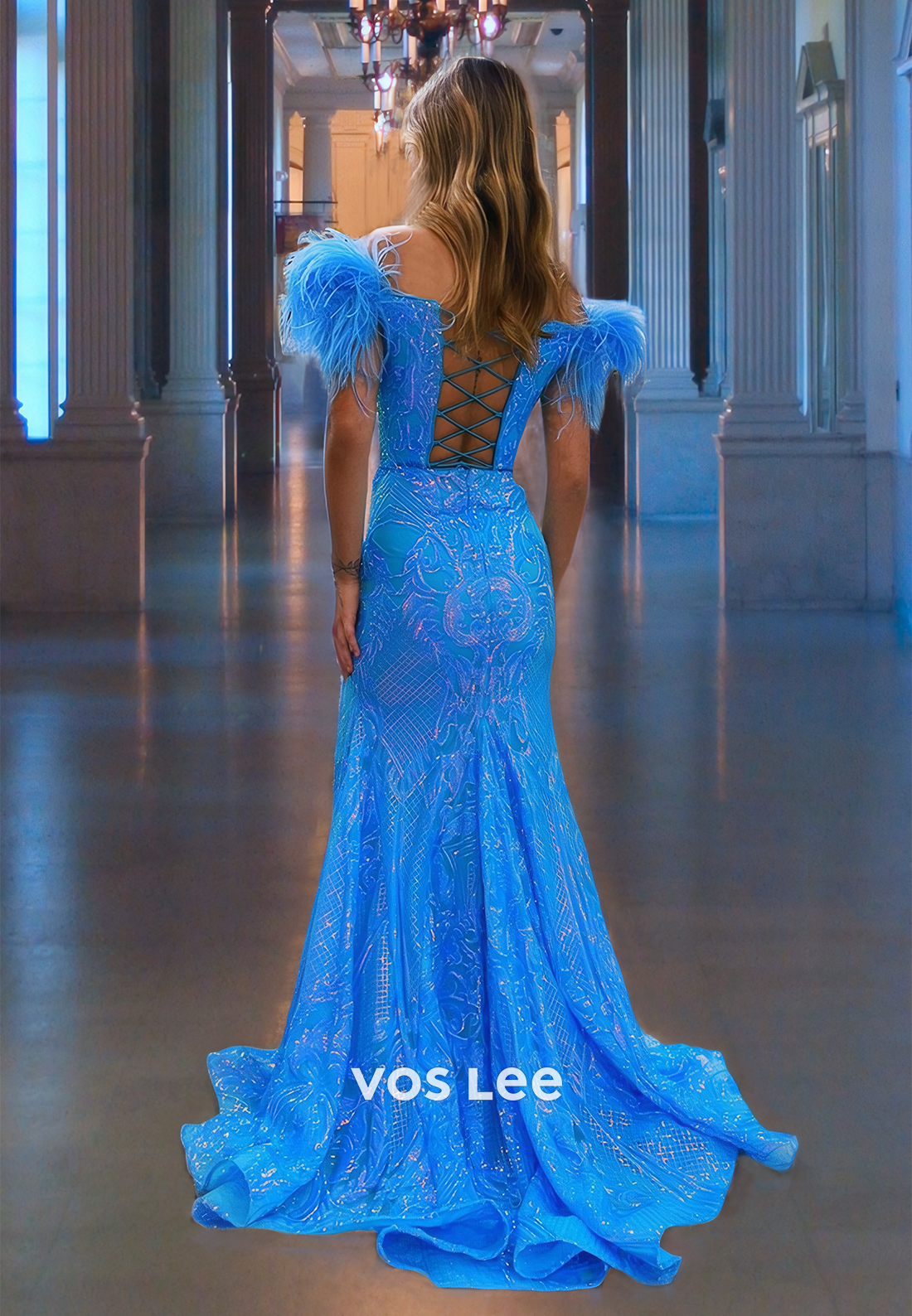 V Neck Mermaid Floor Length Prom Dress Feathers Lace Up Royal Party Dress with Slit