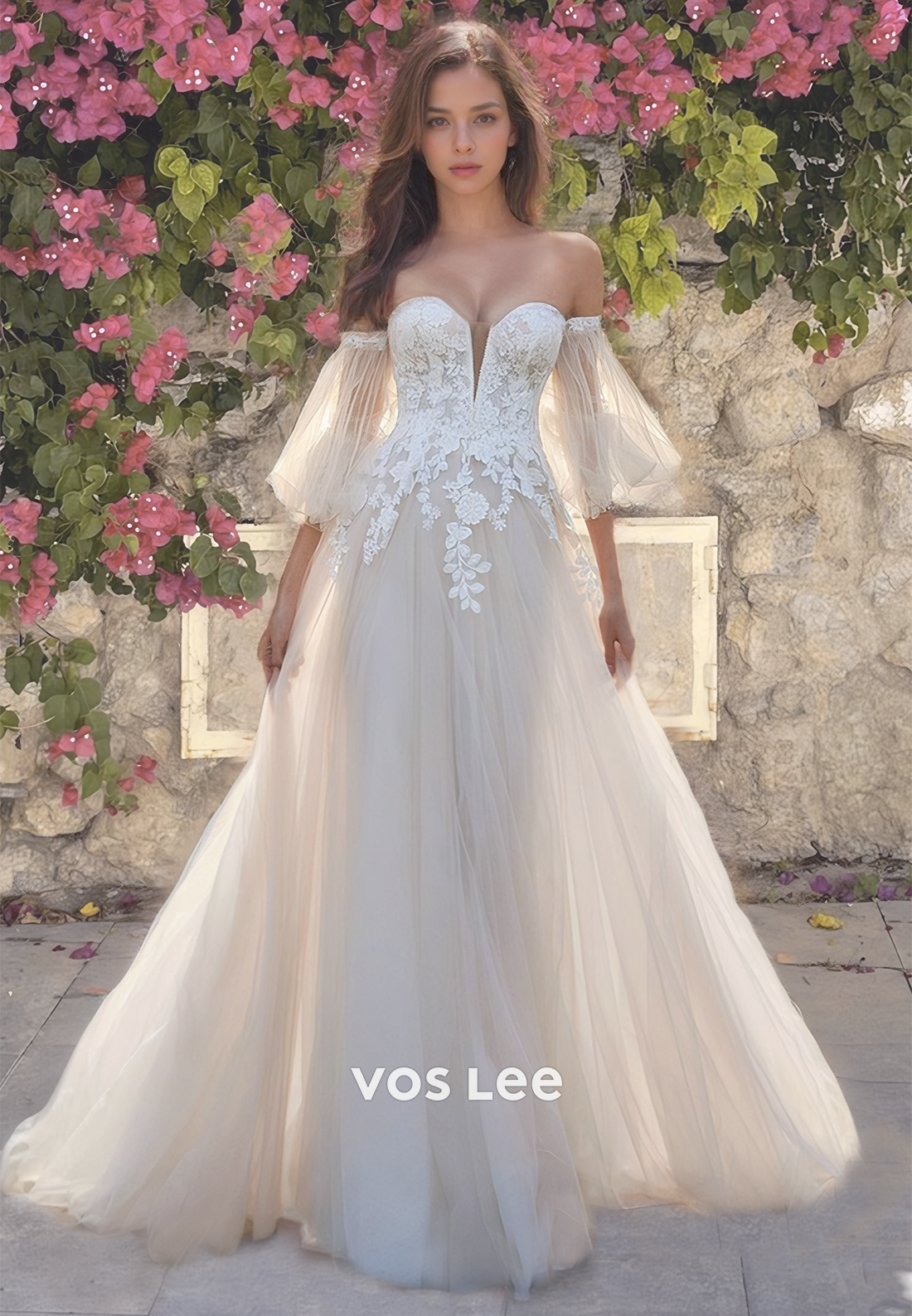Gorgeous A-Line Tulle Formal Bridal Gown Lace Sweetheart Long Sleeves VOS LEE Gorgeous A-Line Tulle Formal Bridal Gown Lace Sweetheart Long Sleeves VOS LEE