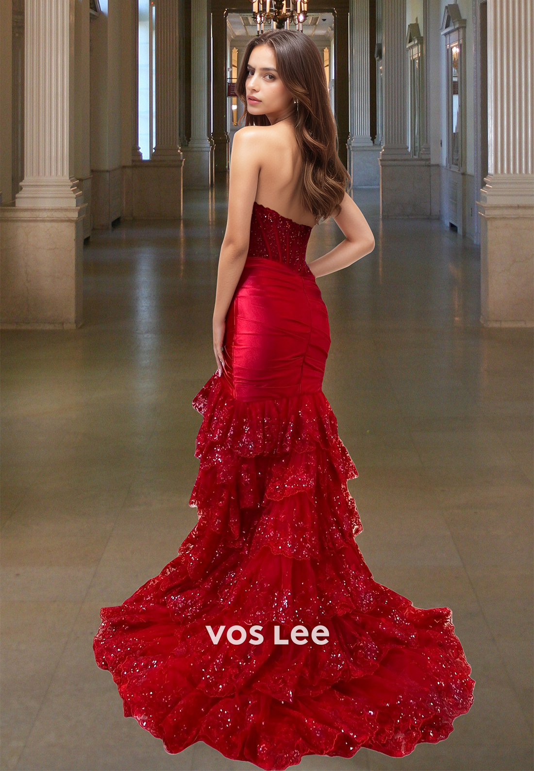 Gorgeous Trumpet Sweetheart Red Tiered Sequins Sweep Train Prom Party Dress