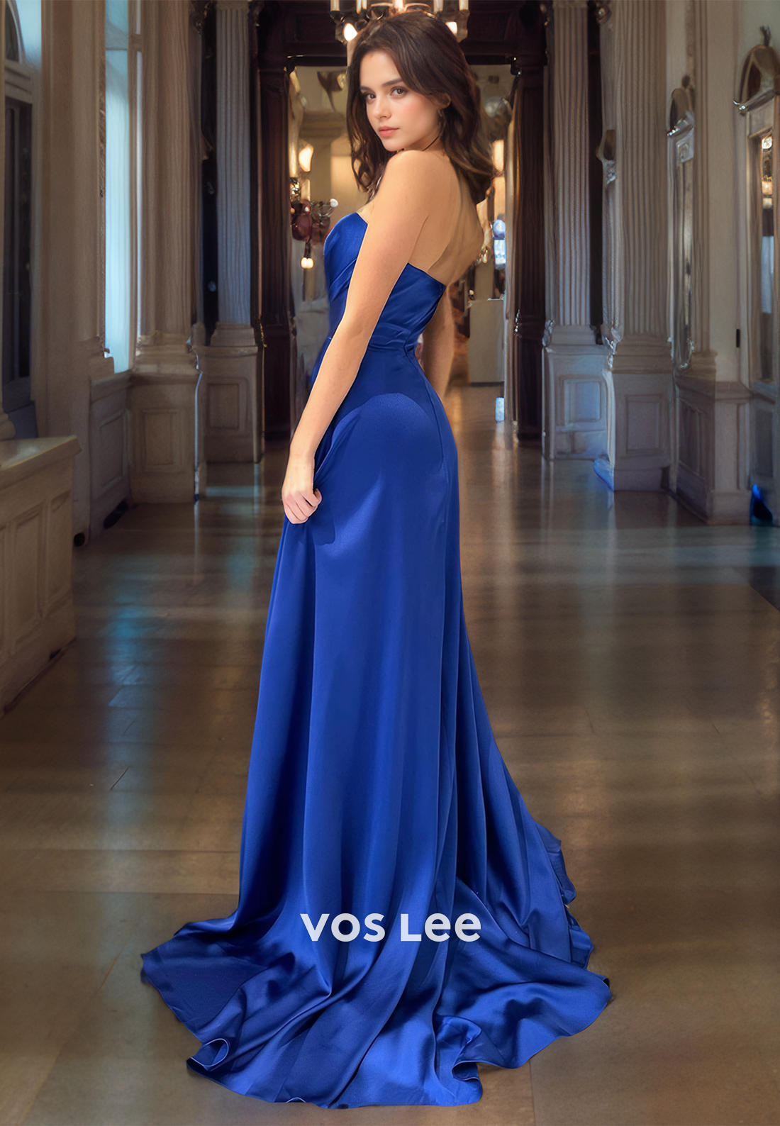 A-Line Sweetheart Strapless Court Train Ruched Satin Prom Dress with High Slit
