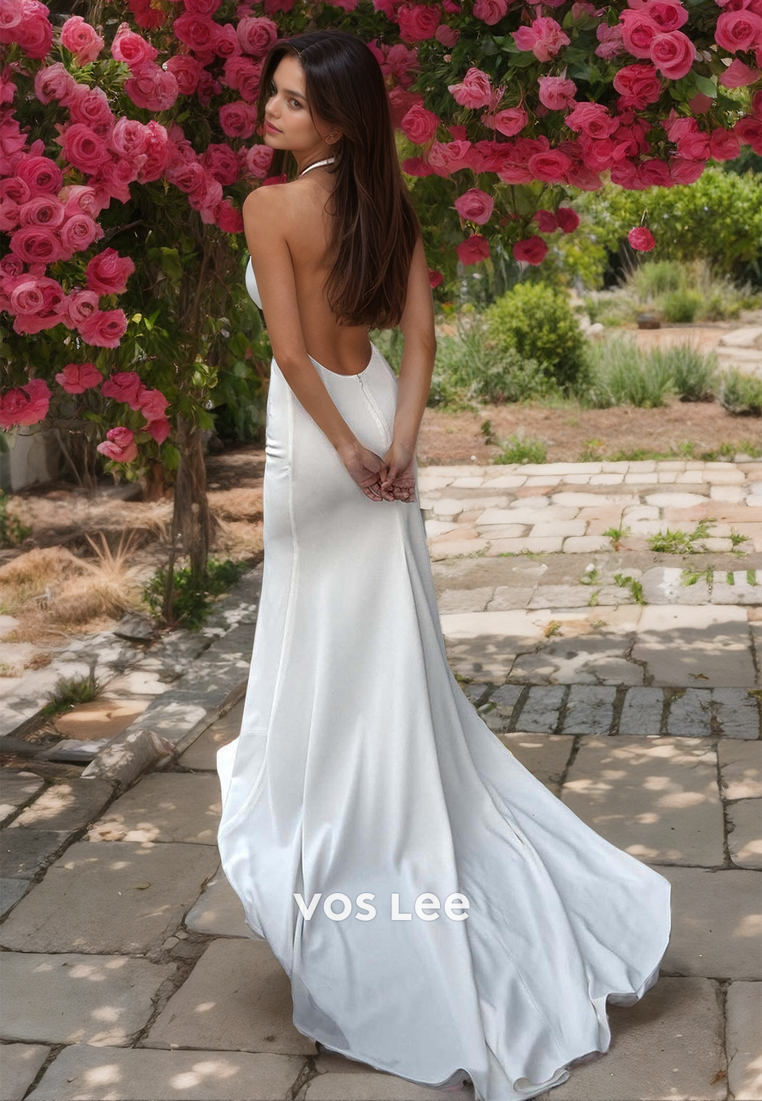 Sexy Halter Backless Column Sweep Train Ruched Sleeveless Satin Wedding Bride Dress