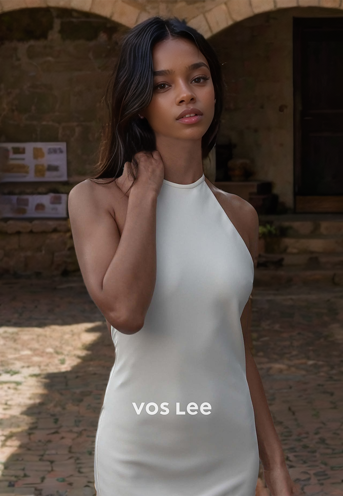 Sexy Halter Backless Column Sweep Train Ruched Sleeveless Satin Wedding Bride Dress