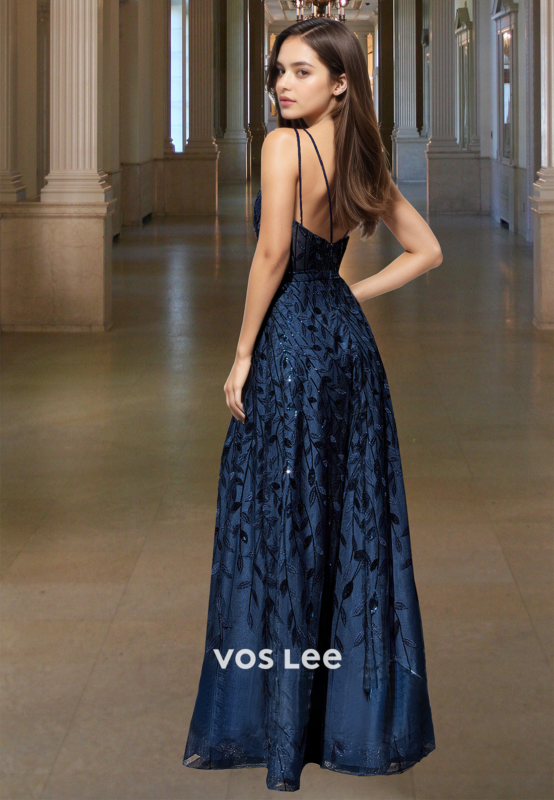 Ornate A-Line V Neck Lace Up Appliques Sleeveless Pleated Prom Formal Dress