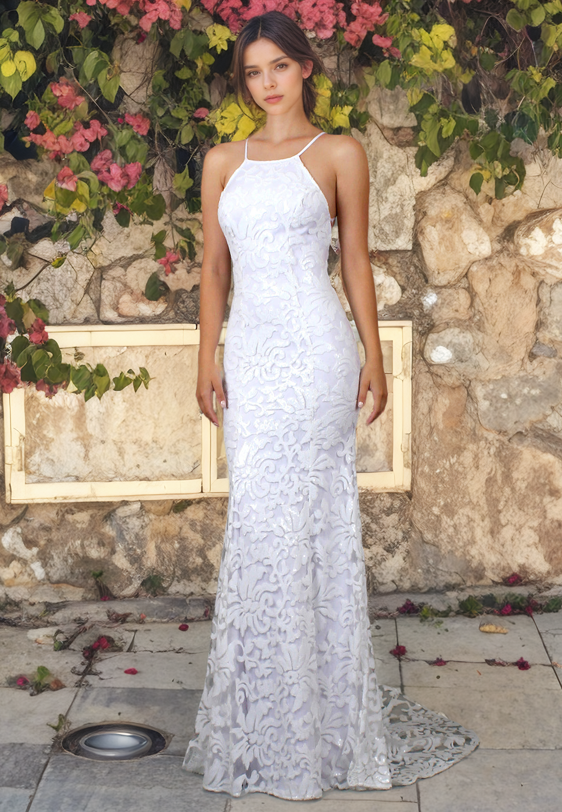 Classy Modern Court Train Trumpet/Mermaid Applique Lace Halter Sleeveless Wedding Dress