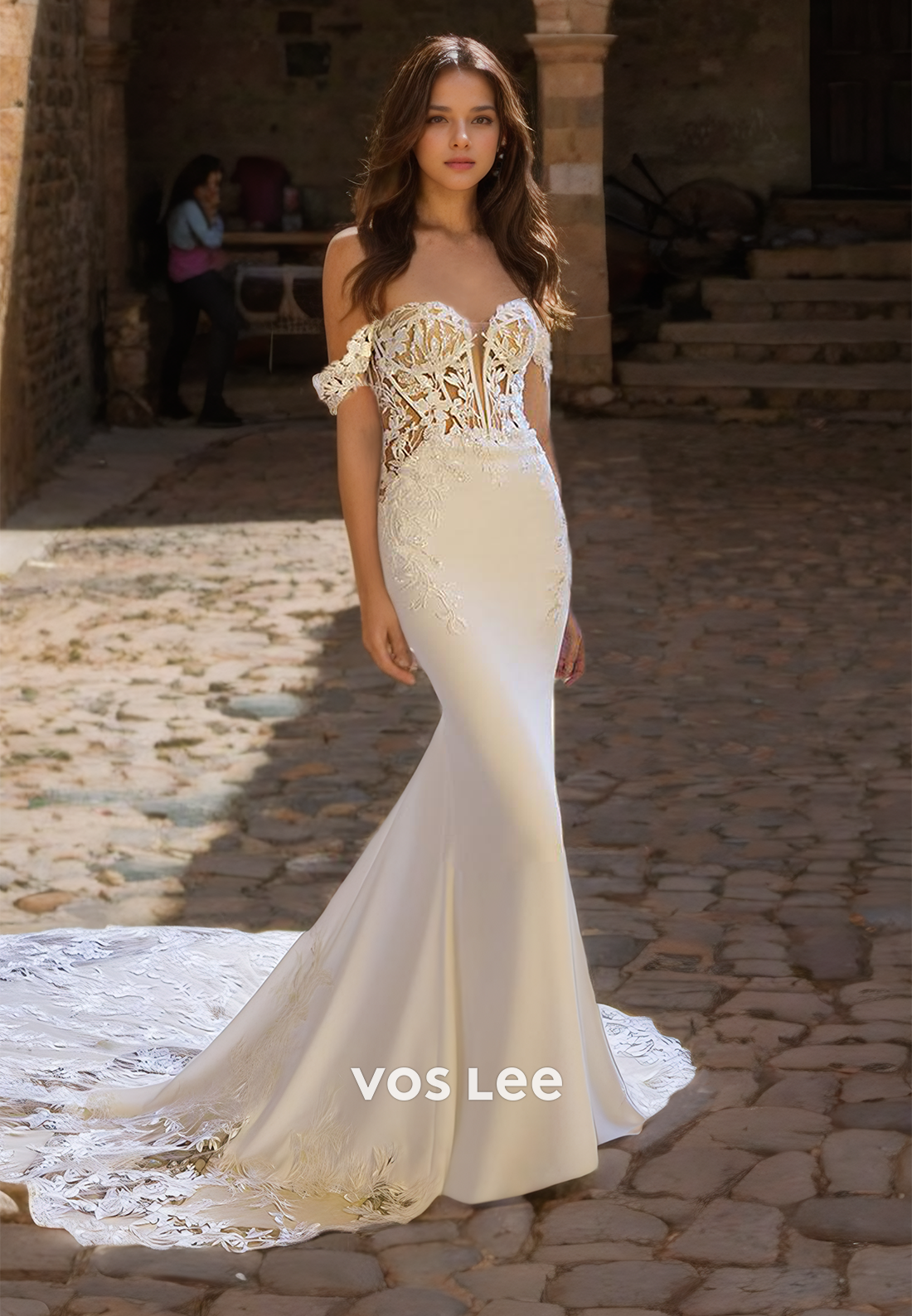 Graceful Off Shoulder Sleeveless Lace Appliques Court Train Ruched Satin Wedding Dress