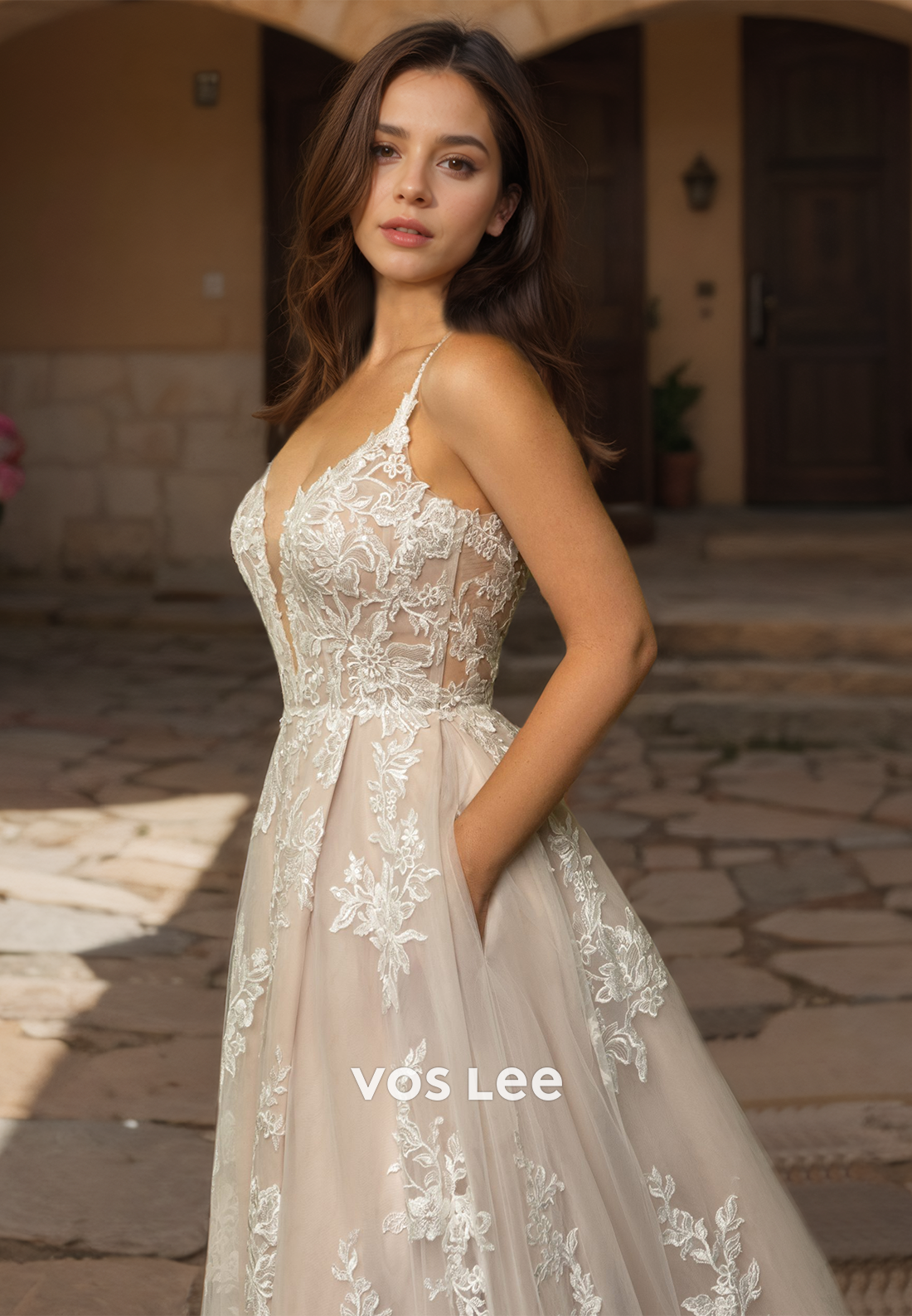V Neck Champagne Spaghetti Straps Lace Wedding Dress A-Line Floor Length Sweep Train Bridal Gown